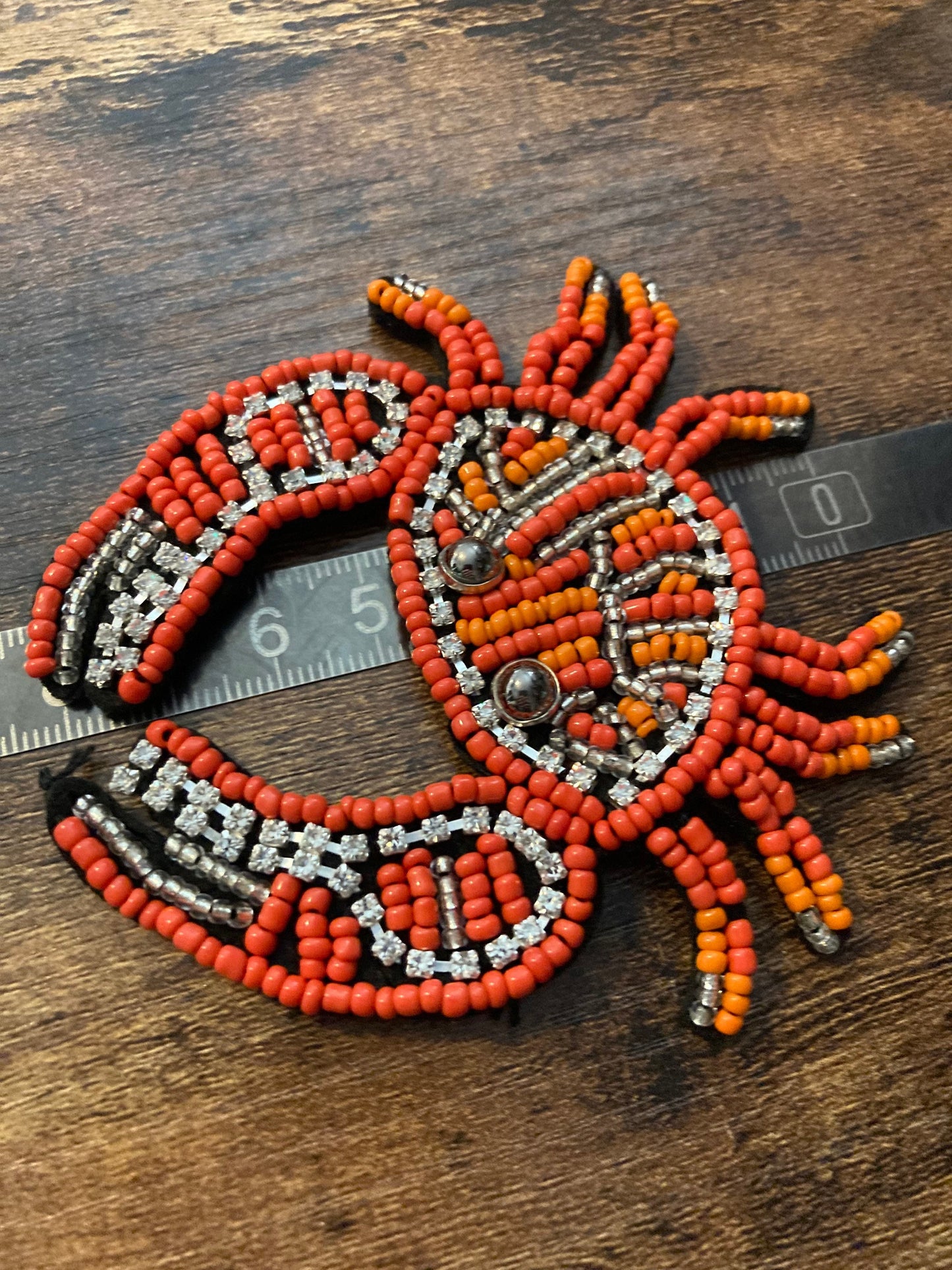 Large sew on diamanté CRAB patch 9cm x 8cm Orange seed beads peaks and diamanté appliqué