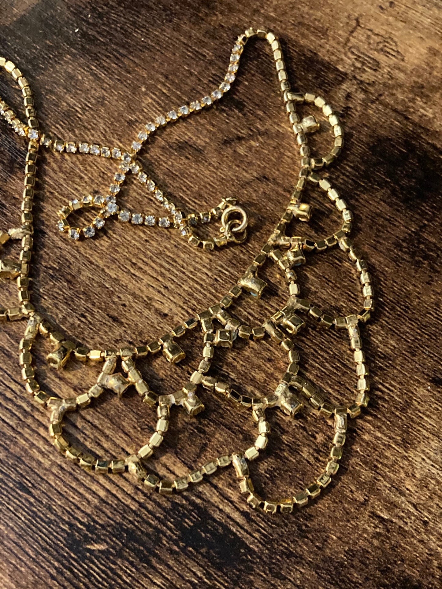 turquoise clear diamanté rhinestone paste swag bib necklace Vintage retro gold tone