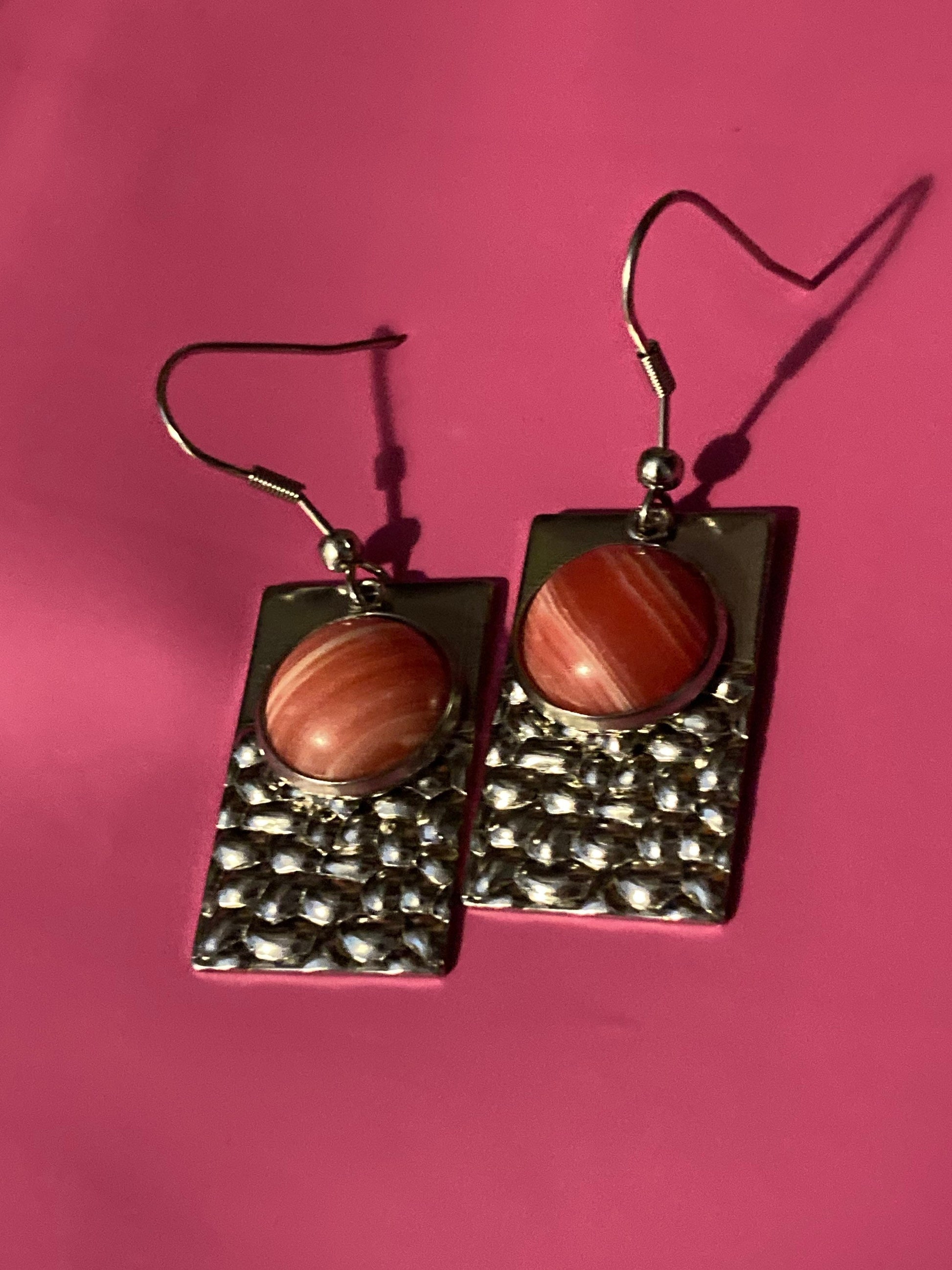 Pink agate gemstone dangly earrings stainless steel modernist planished metal