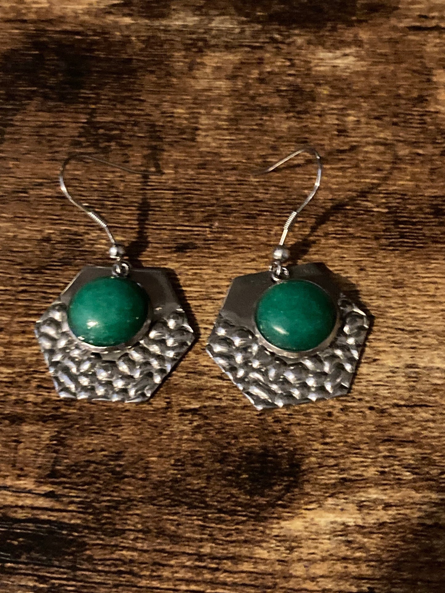 Green gemstone dangly earrings stainless steel planished metal hexagons