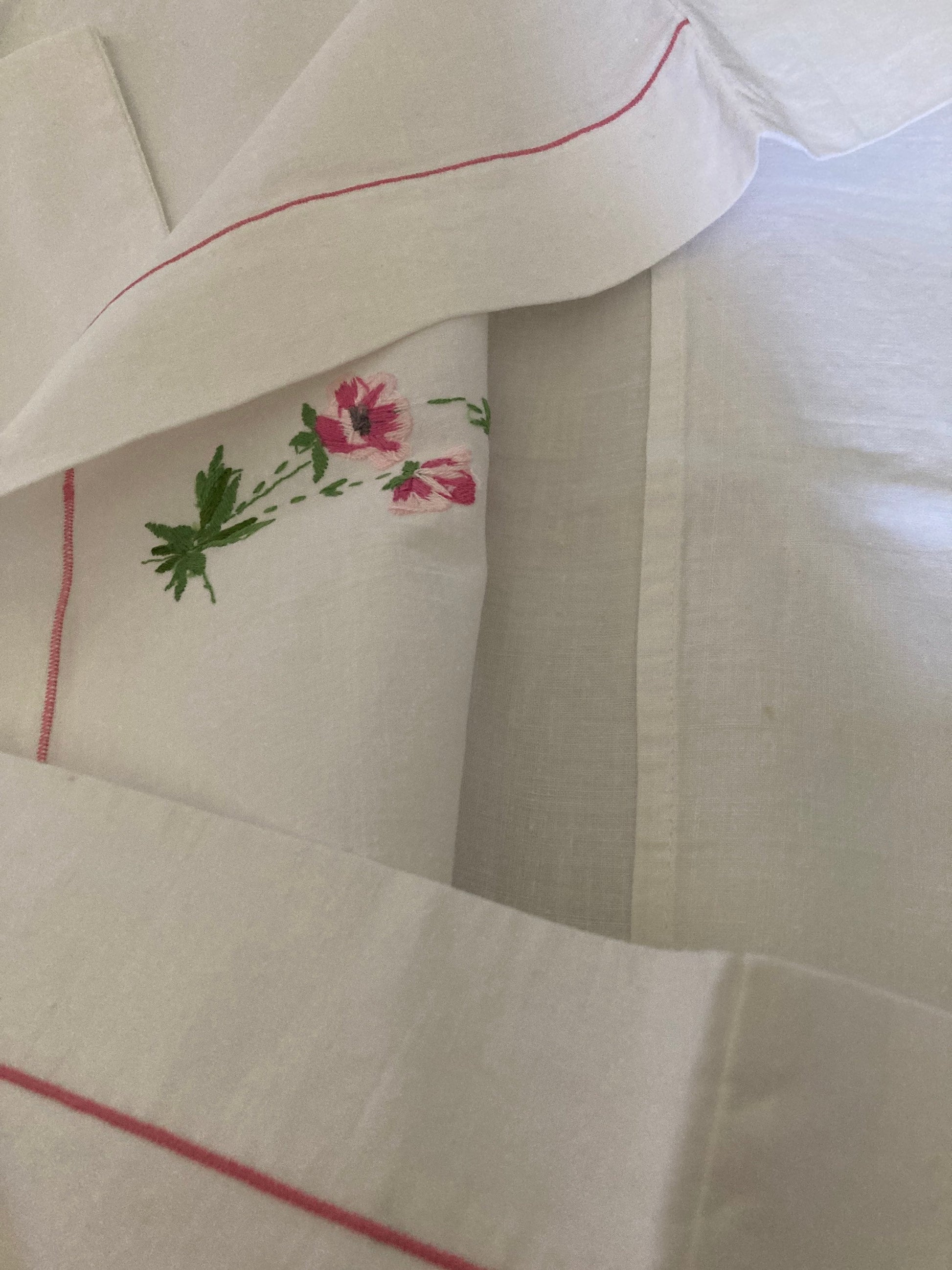 Pair pillowcases bedding white cotton embroidered floral flower 29 x 19 pink green