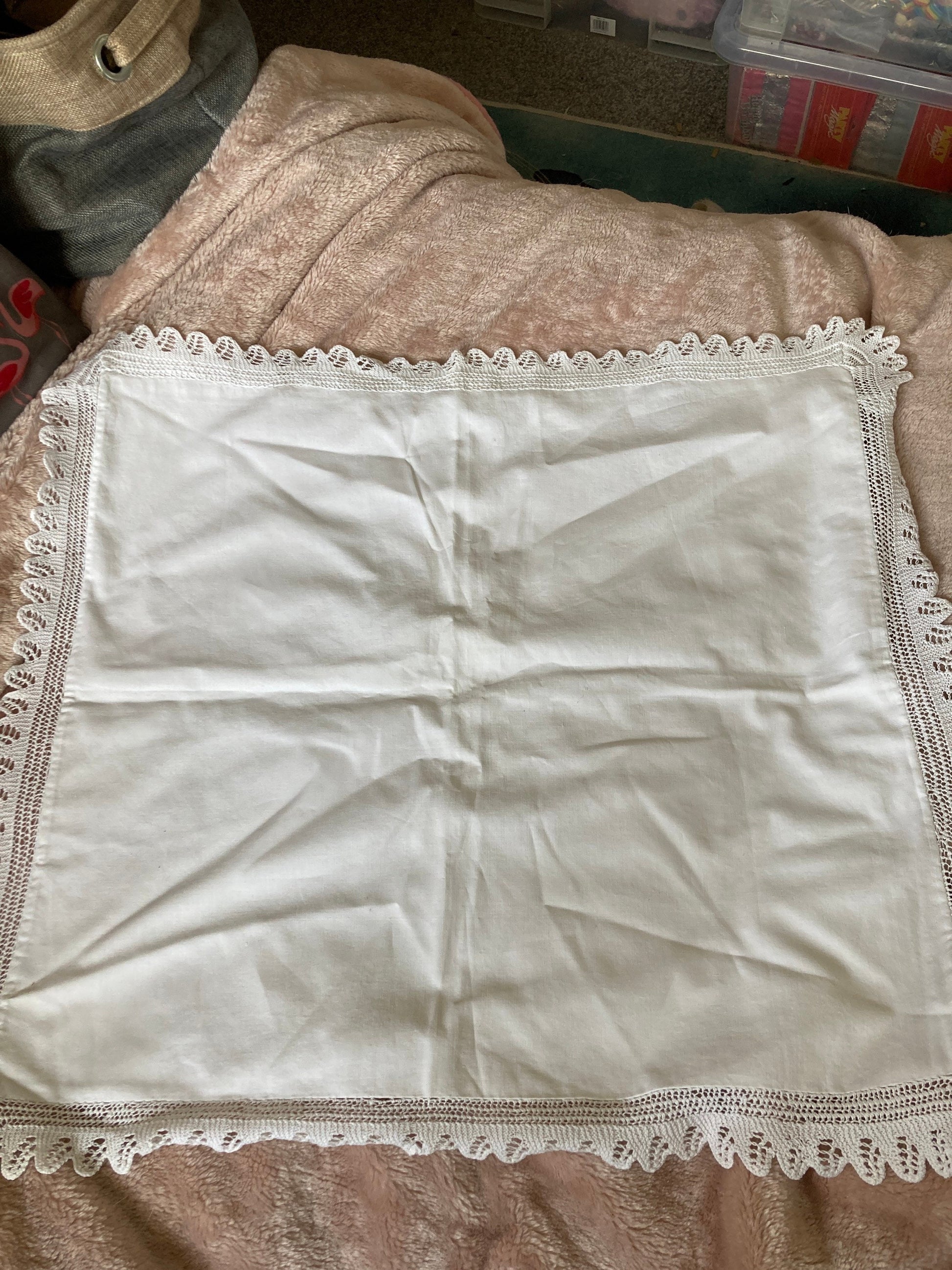 Vintage pure white cotton crochet edge square embroidered linen cottage pillow cushion cover button closure 20 inch