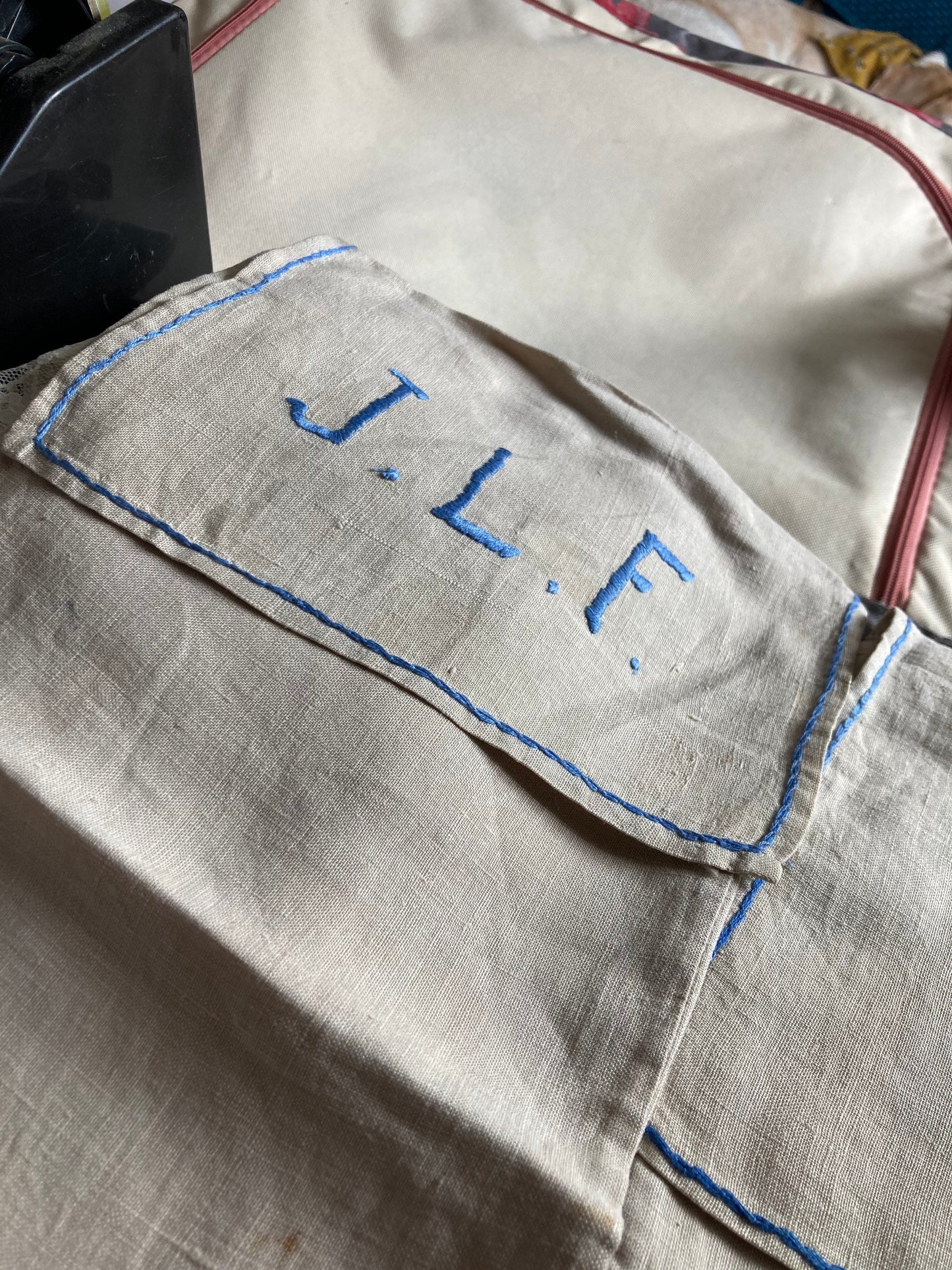 2 x Monogrammed J L F shoe bag Antique embroidered folding travel storage case for shoes