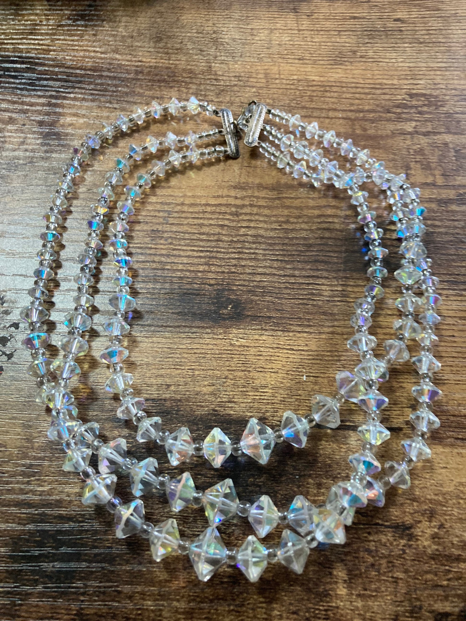 3 row clear diamante crystal necklace Petite neck 36cm Vintage 1950s AB Aurora Borealis glass