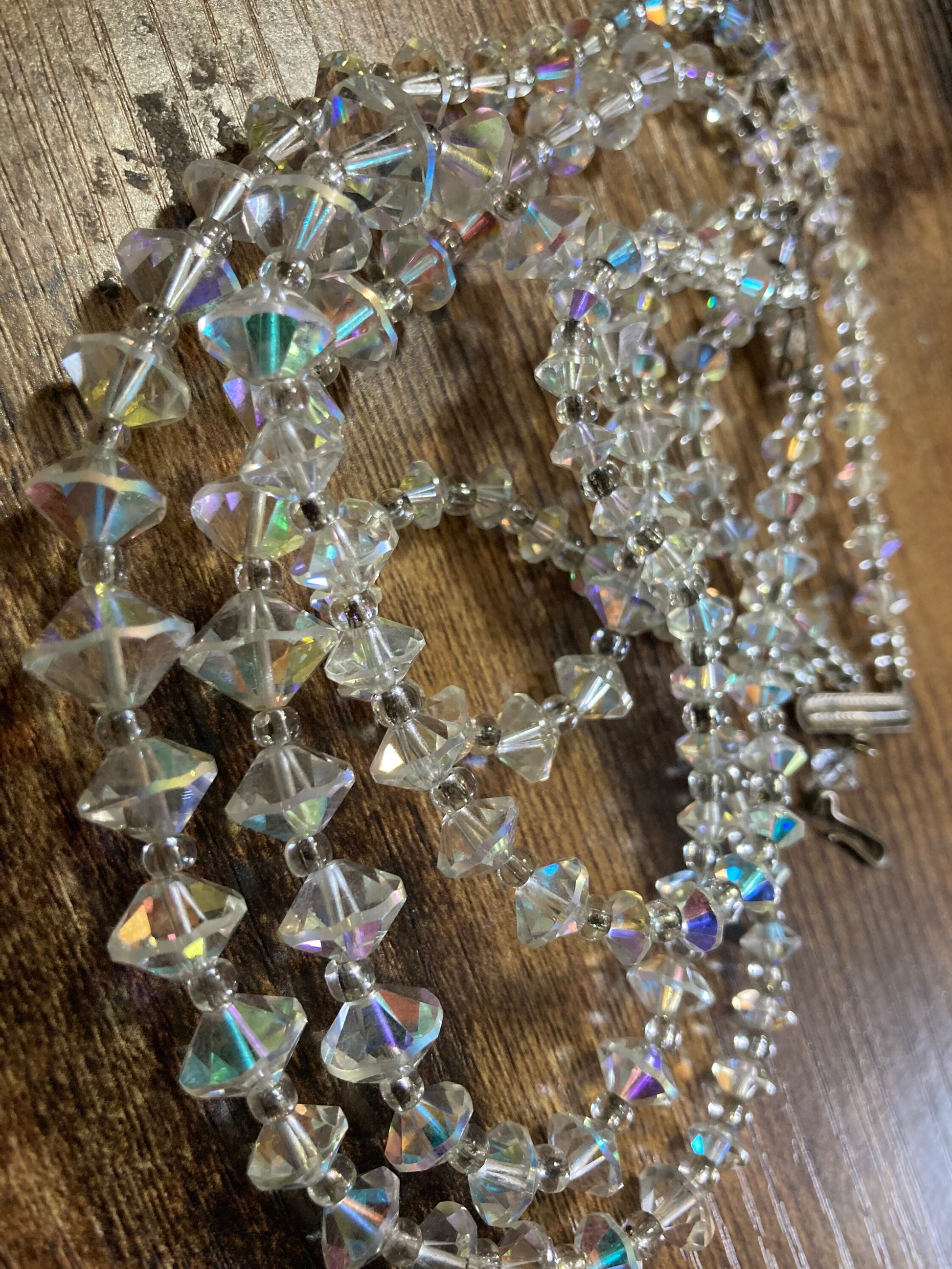 3 row clear diamante crystal necklace Petite neck 36cm Vintage 1950s AB Aurora Borealis glass