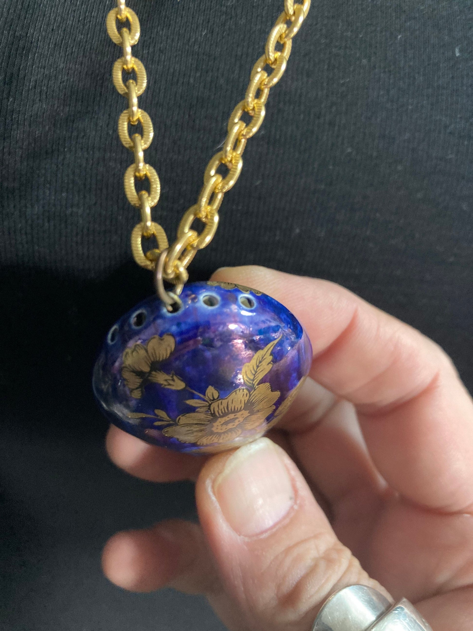 blue ceramic Pomander Pendant Necklace gold transfer printed ornate Vintage 1970s