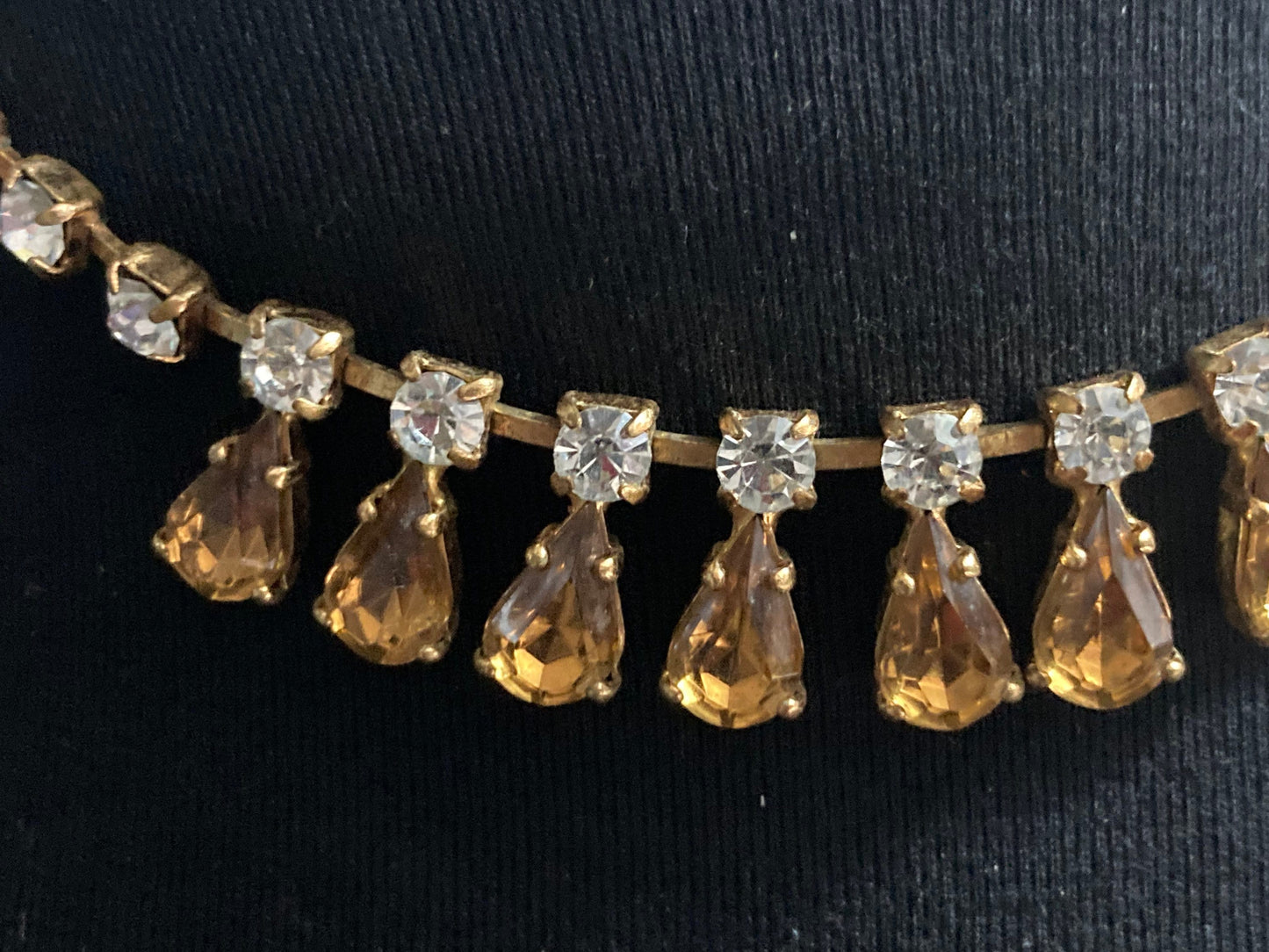 cognac topaz brown paste diamante necklace 42cm mid century gold tone
