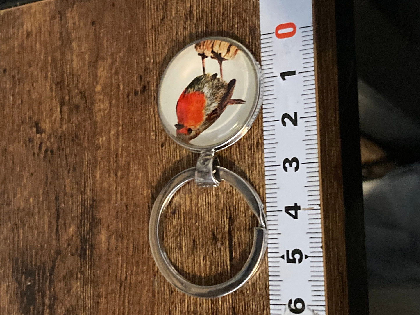 Handmade robin garden bird silver tone keyring with 25mm glass cabochon