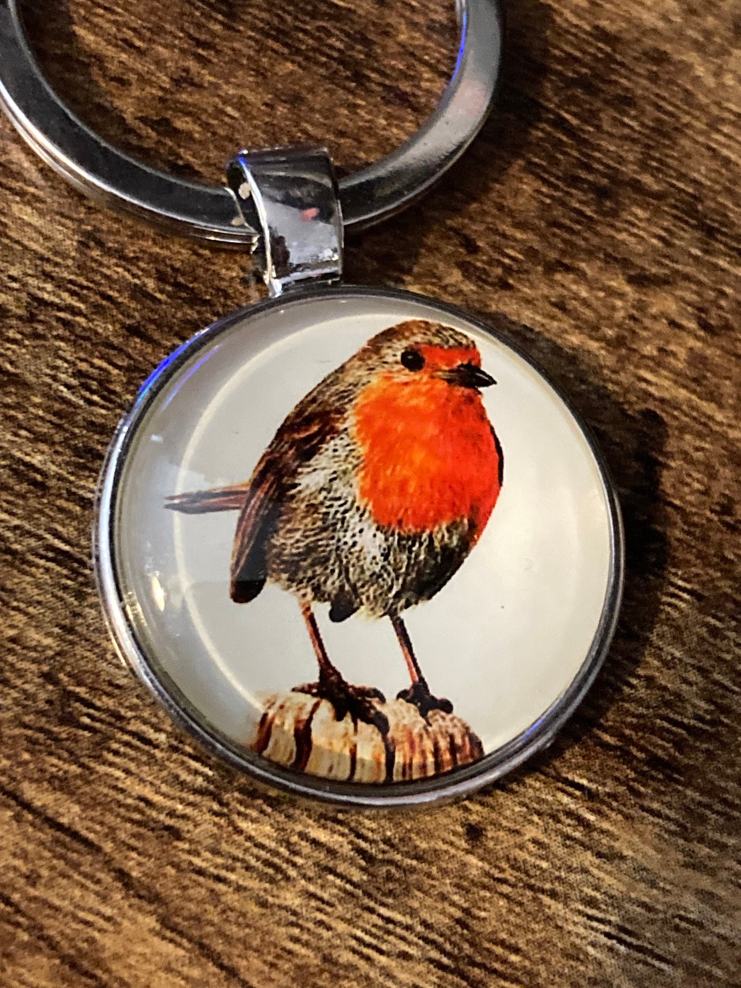 Handmade robin garden bird silver tone keyring with 25mm glass cabochon