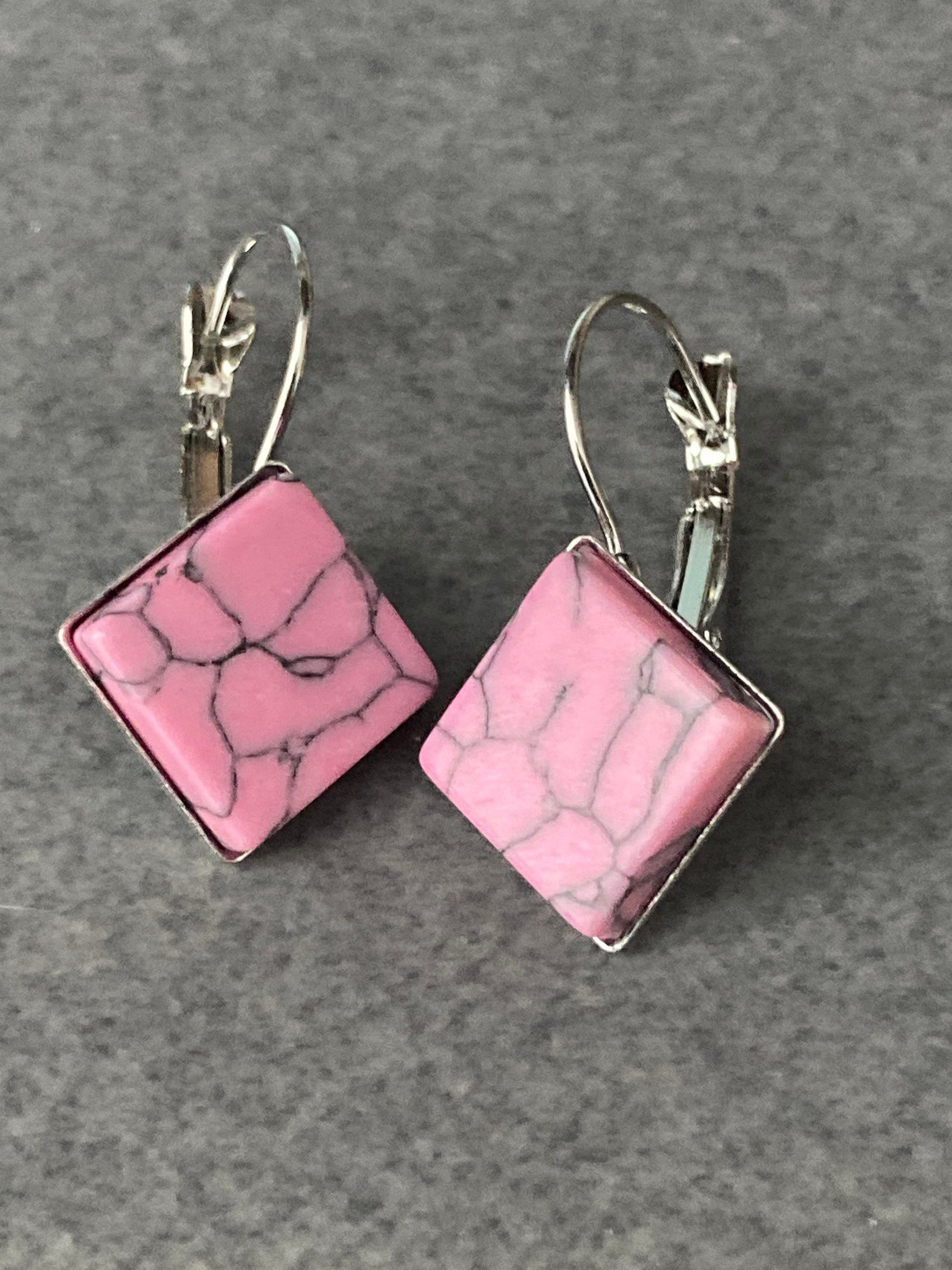 pink marble gemstone earrings stainless steel 1.5cm square natural stone tiles