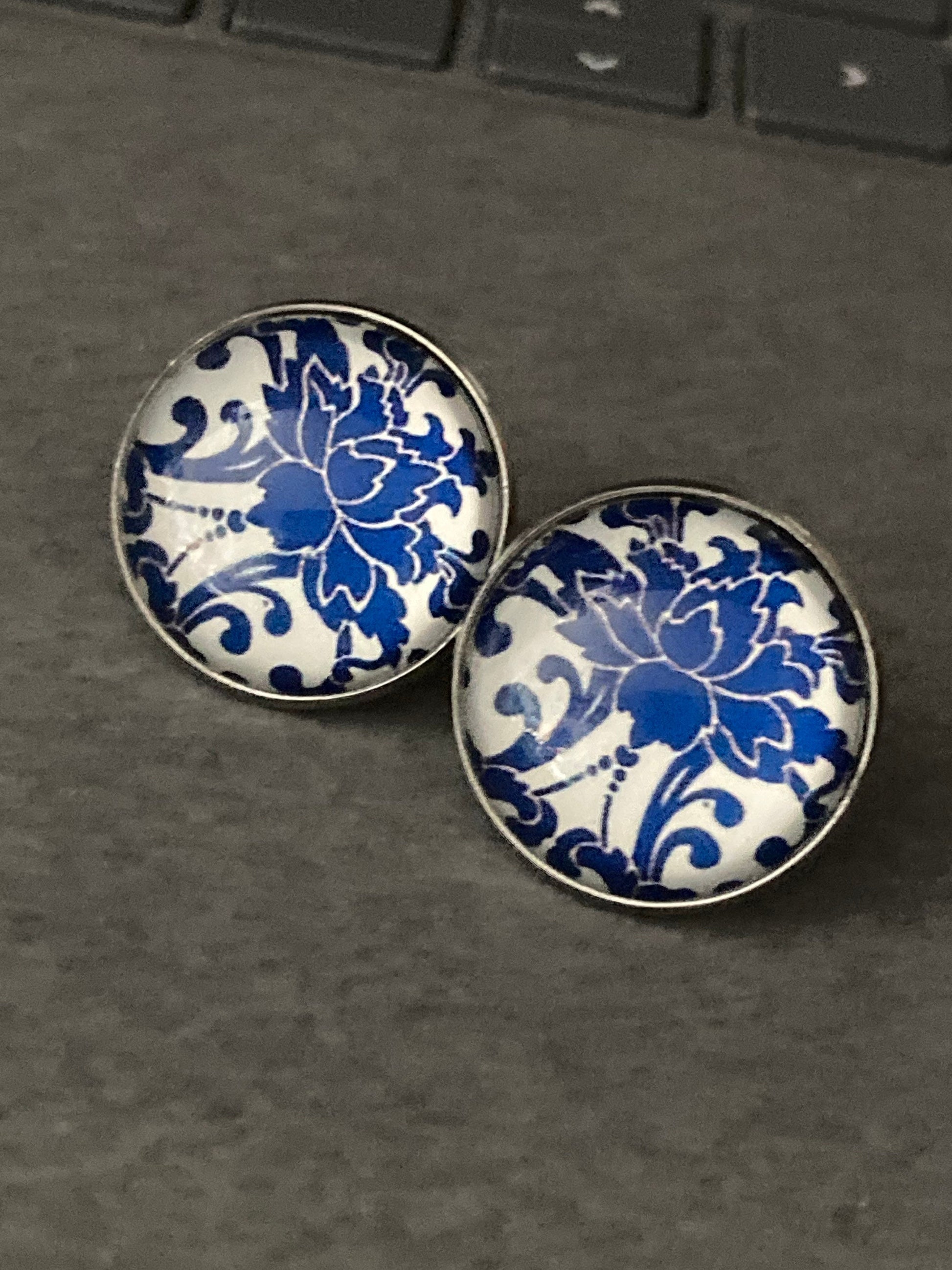 round blue and white earrings oriental floral print glass stainless steel studs