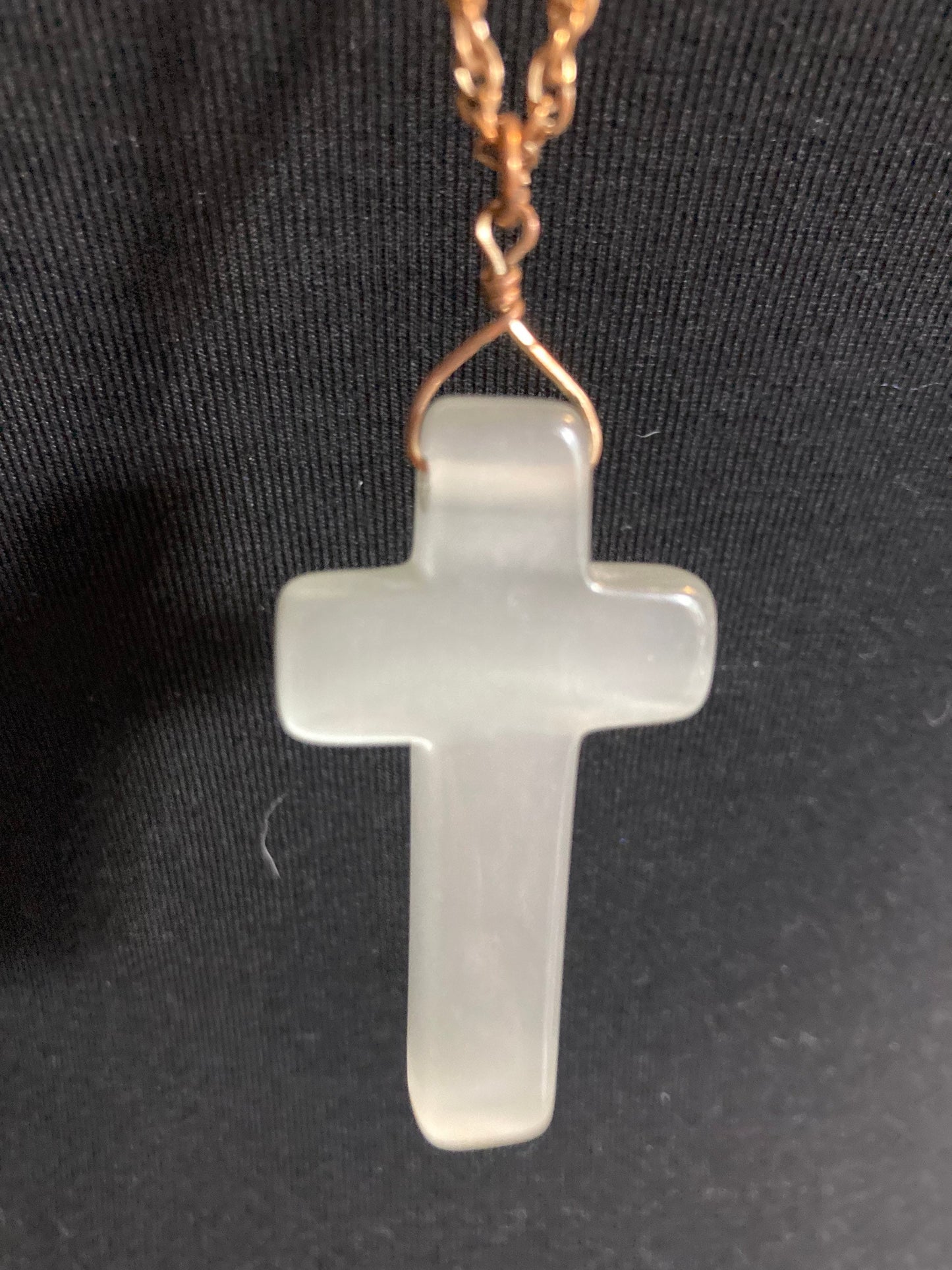 Retro glass or opaque white gemstone religious 6cm chunky cross pendant necklace 88cm gold tone chain
