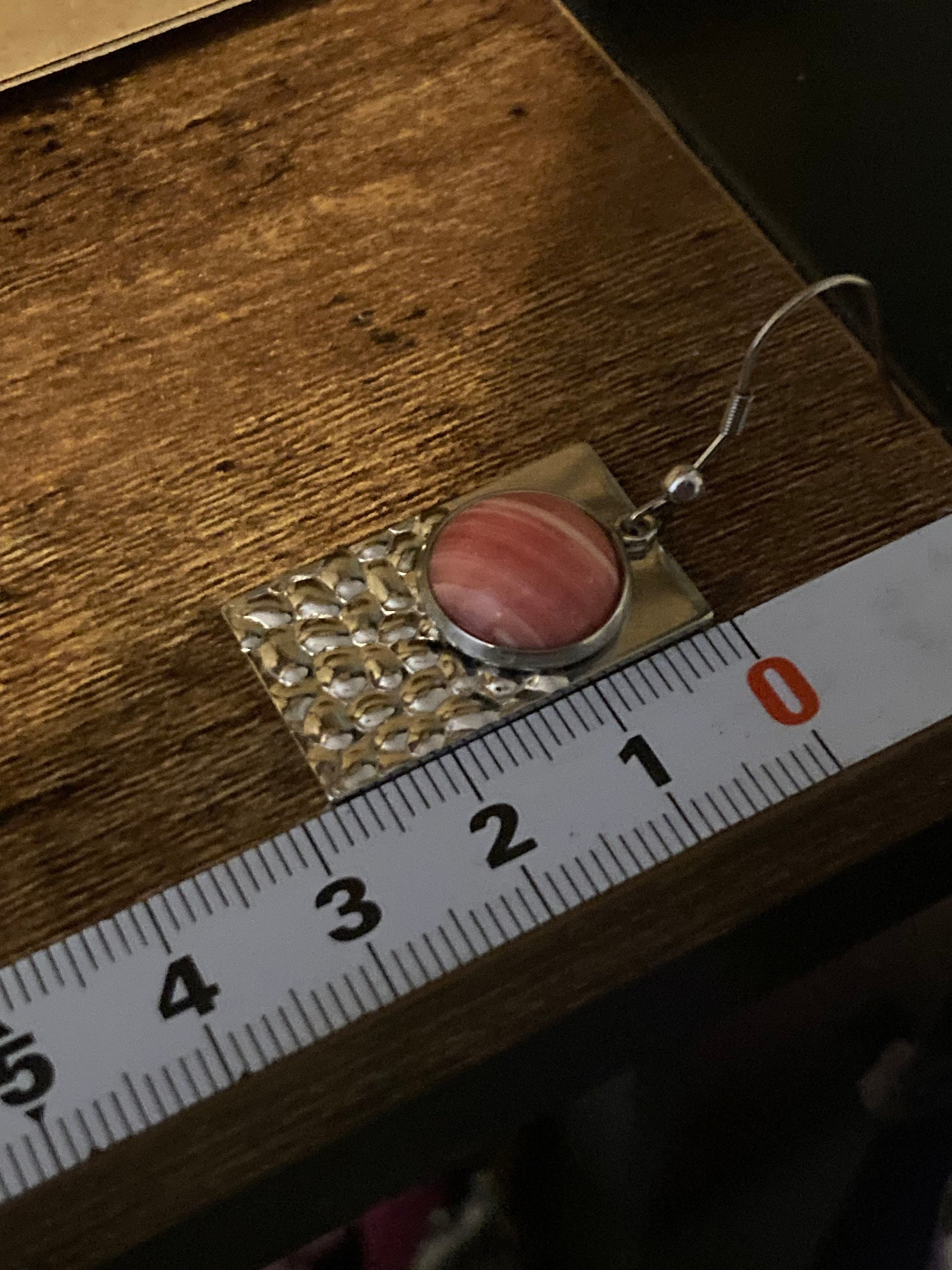 Pink agate gemstone dangly earrings stainless steel modernist planished metal