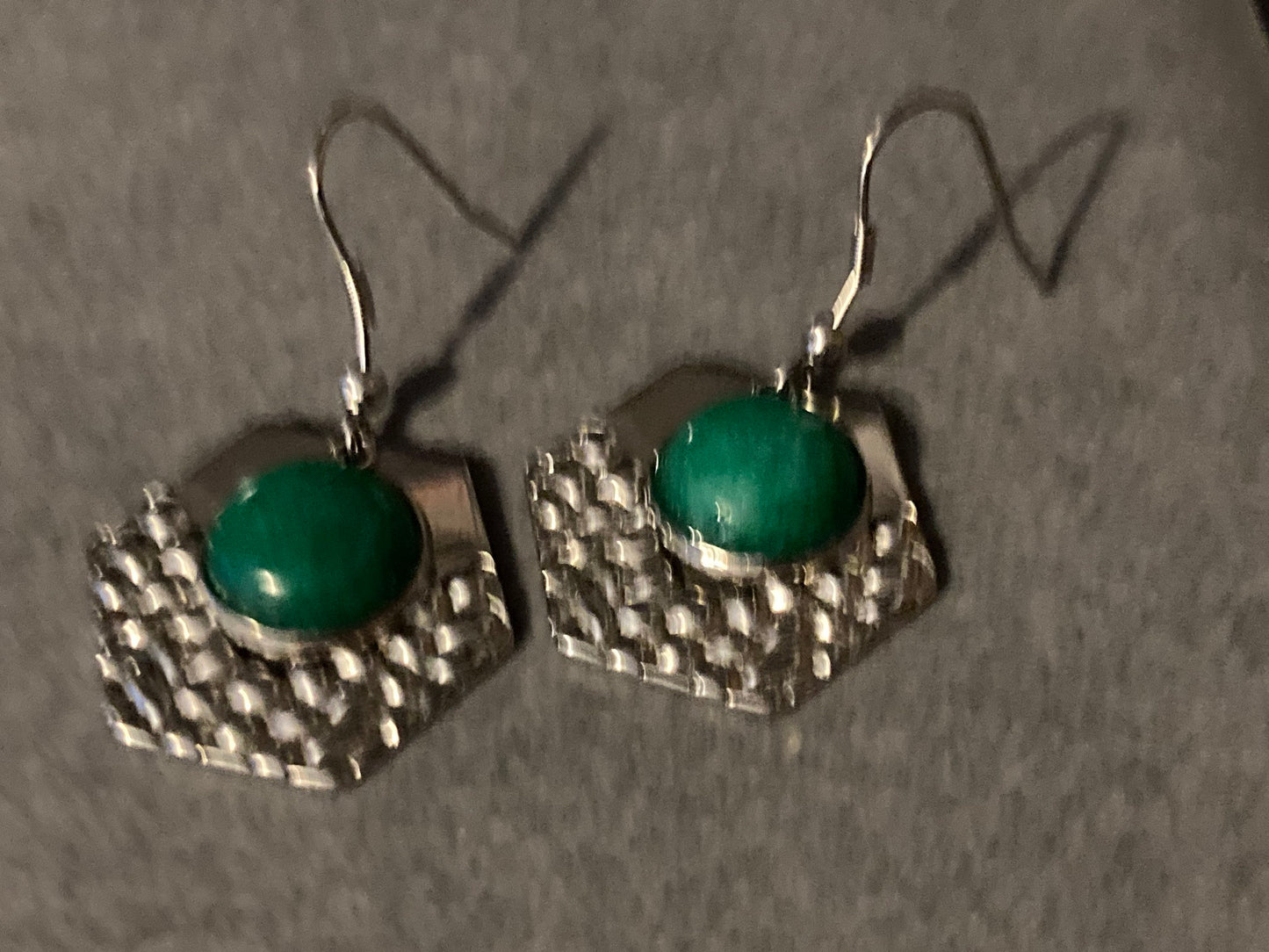 Green gemstone dangly earrings stainless steel planished metal hexagons