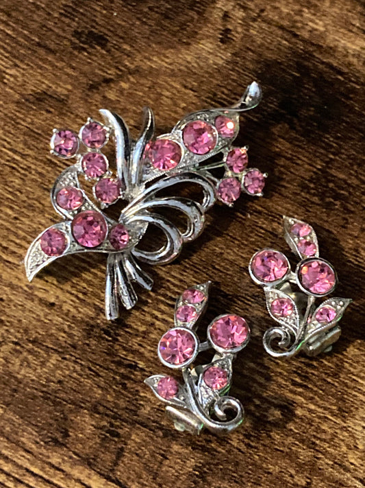 silver tone pink paste rhinestone matching brooch and clip on earring set Vintage
