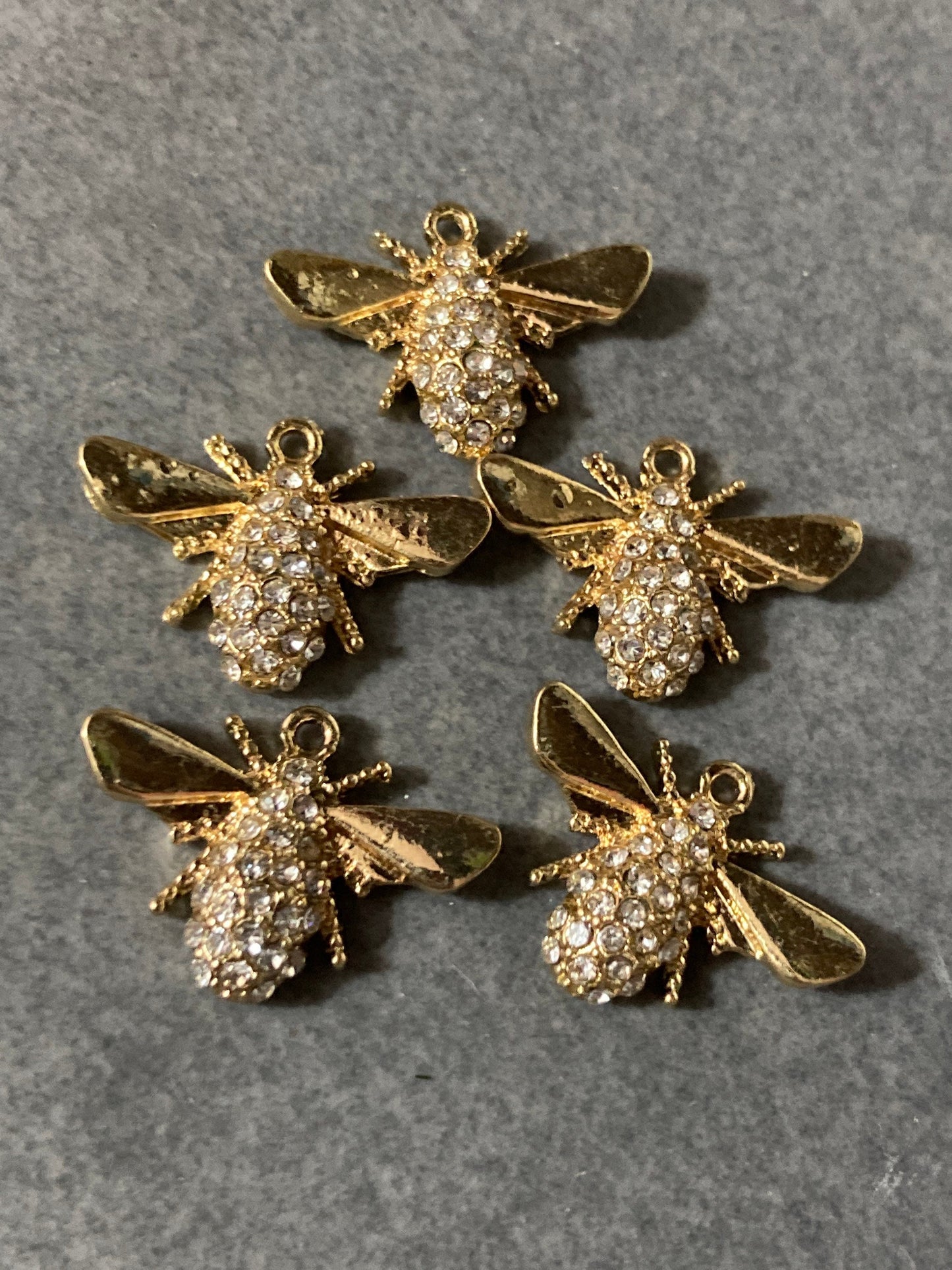 Set of 5 gold flat backed diamanté crystal bumble bee wasp honey bee charms