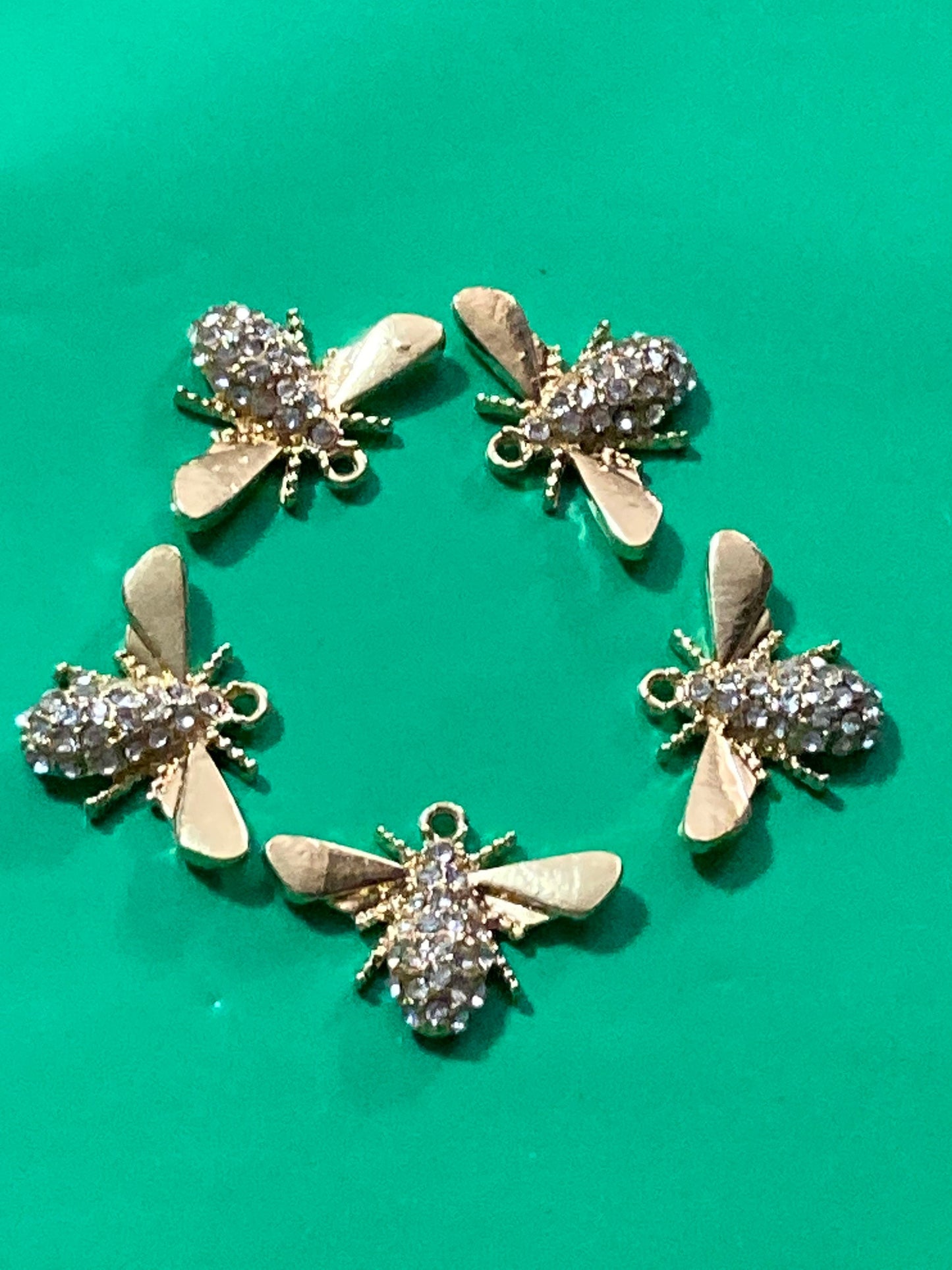 Set of 5 gold flat backed diamanté crystal bumble bee wasp honey bee charms