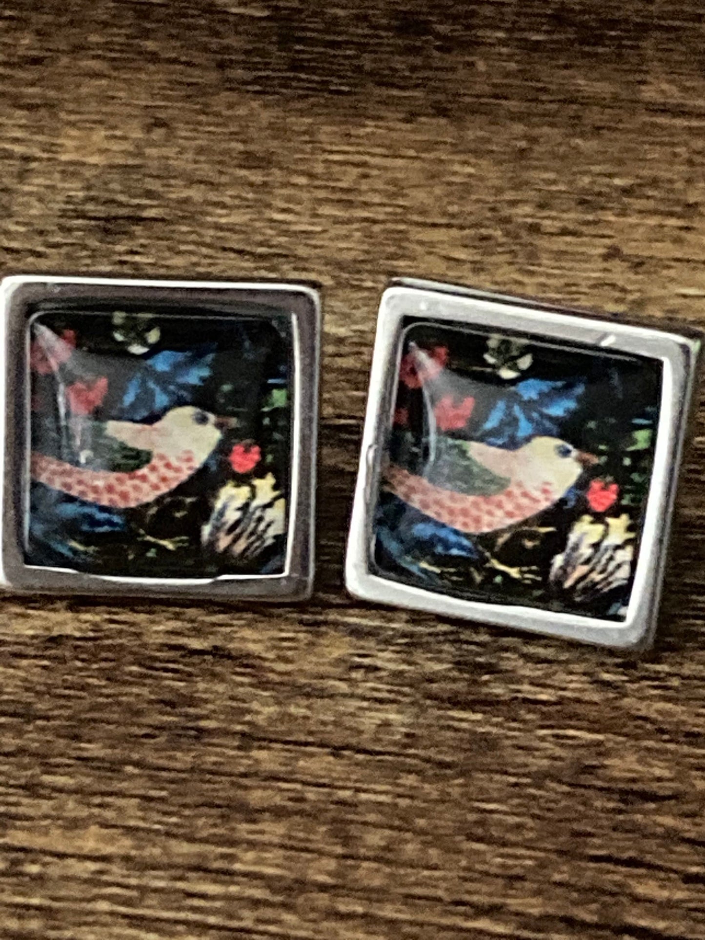 Strawberry thief earrings stainless steel 1.5cm square William Morris print glass studs