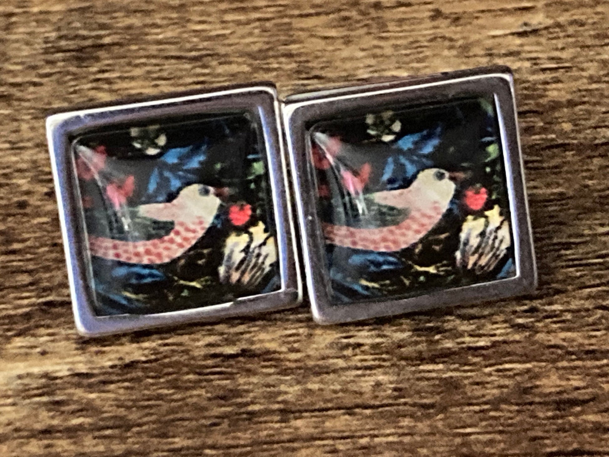 Strawberry thief earrings stainless steel 1.5cm square William Morris print glass studs