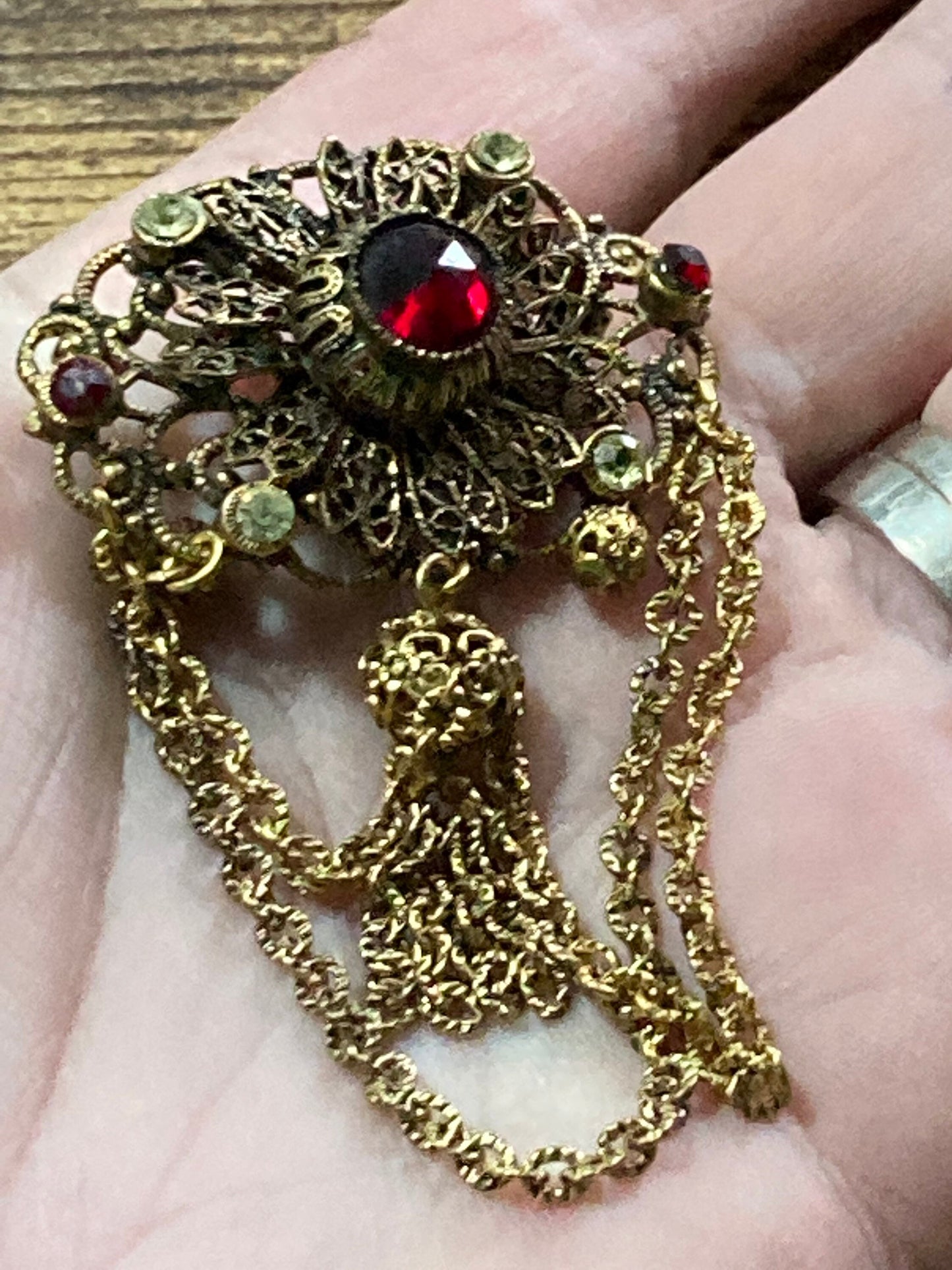 ornate Czech gold tone brass Metal filigree ruby red rhinestone paste ornate antique vintage brooch Art Deco