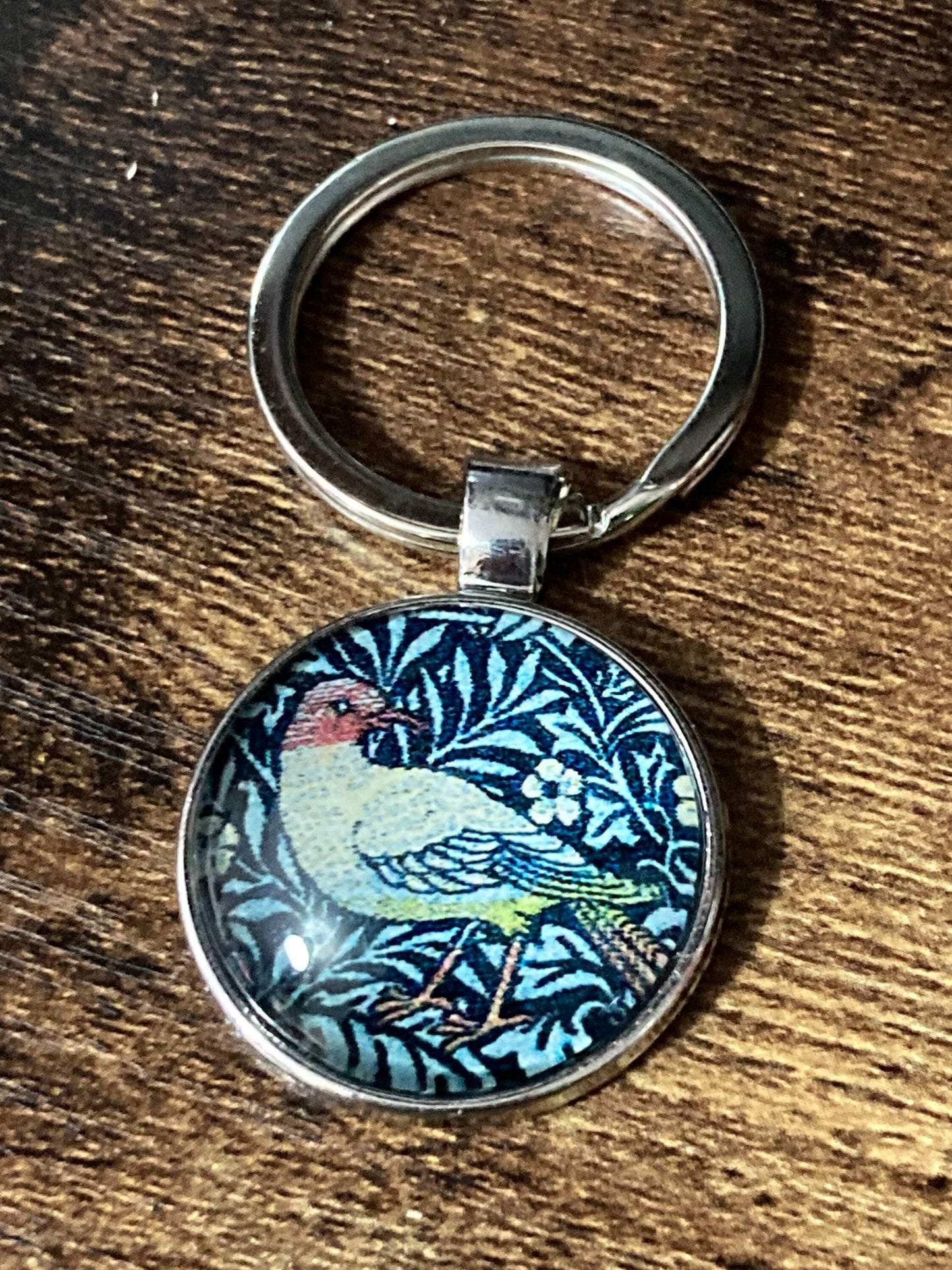 William Morris bird print keyring silver tone art nouveau handmade