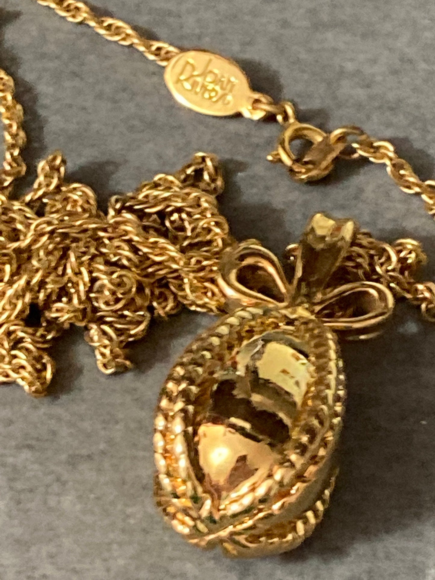 Joan Rivers Gold played Faberge inspired bow egg pendant necklace on 75cm rope chain
