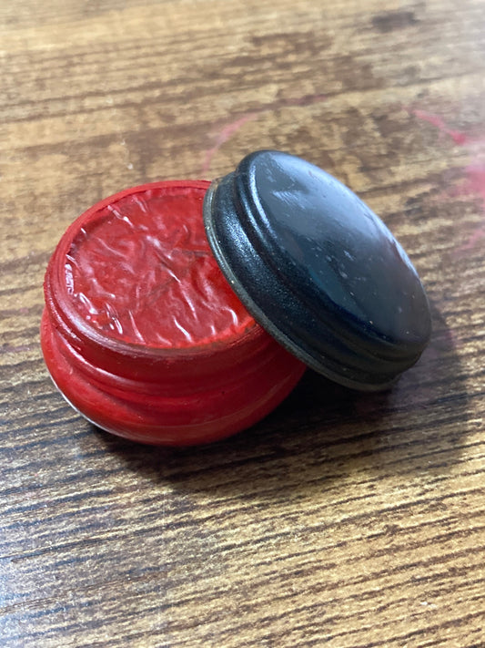 Vintage cosmetics sealed bright red lip tint or cheek stain glass jar black metal screw lid unused antique cosmetics art deco mid century