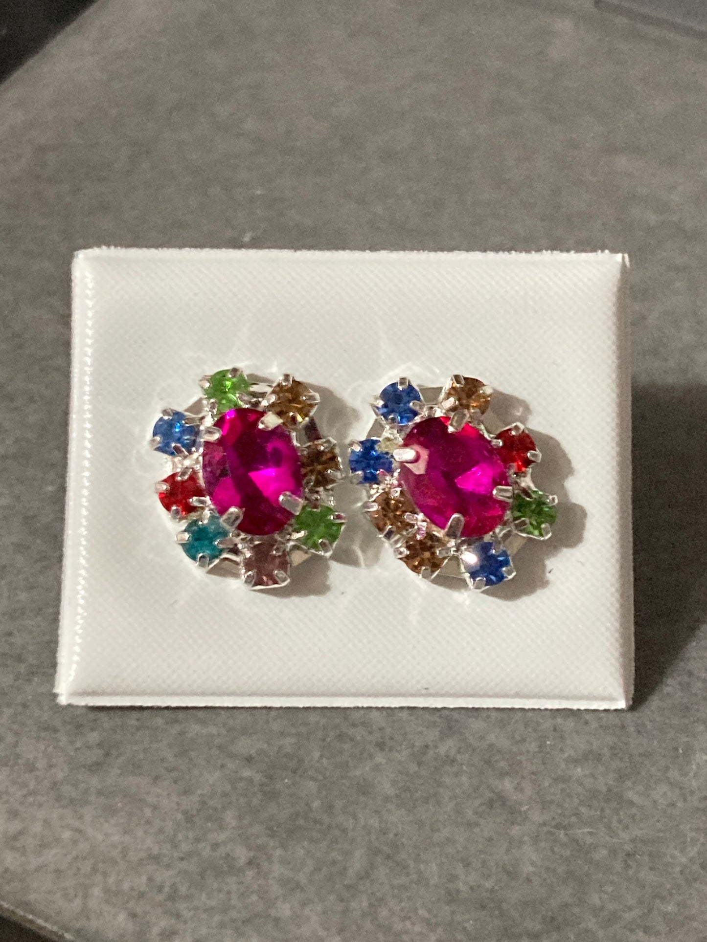 Retro diamanté rhinestone bright hot pink and rainbow glass silver plated stud earrings