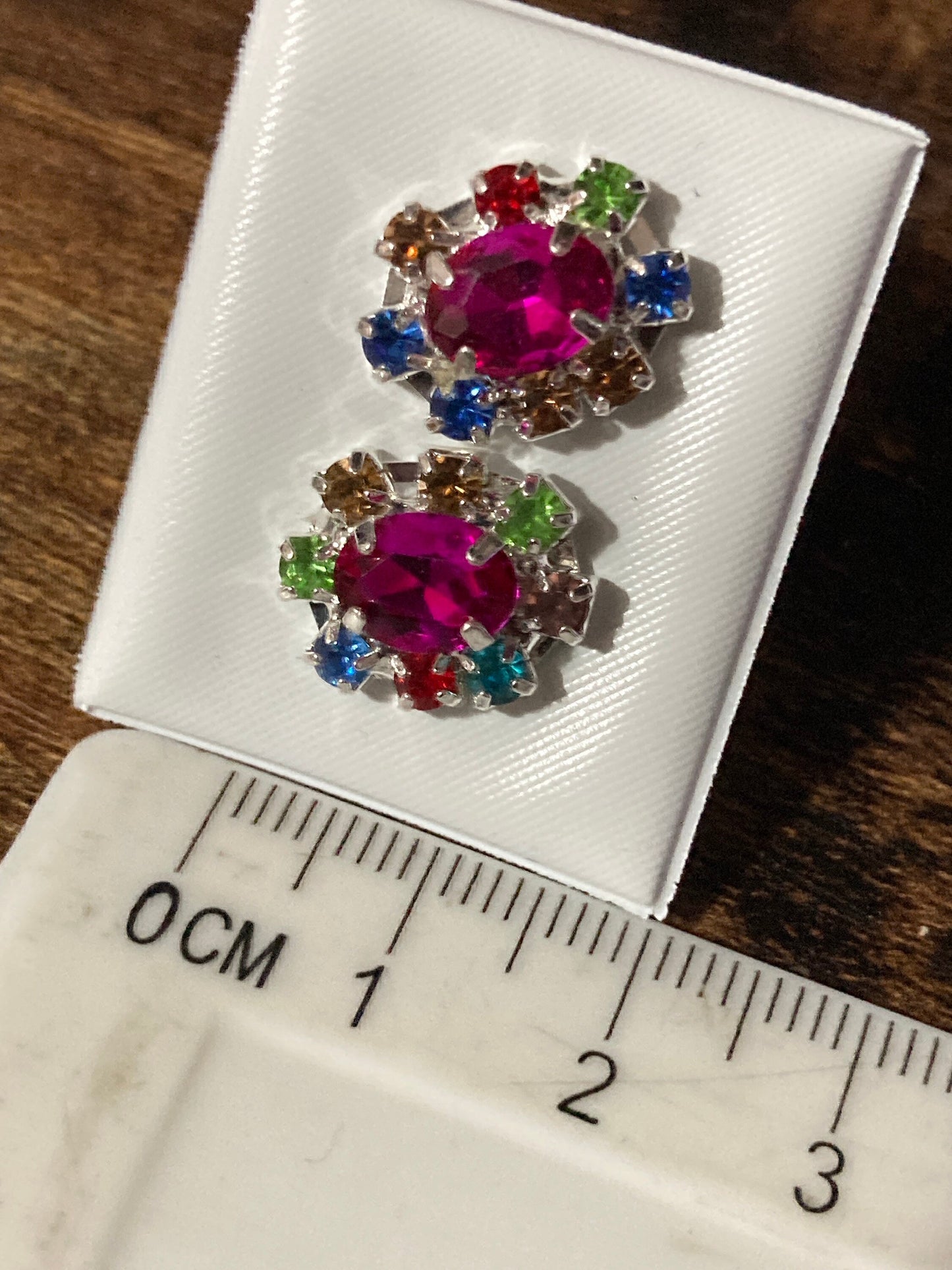 Retro diamanté rhinestone bright hot pink and rainbow glass silver plated stud earrings