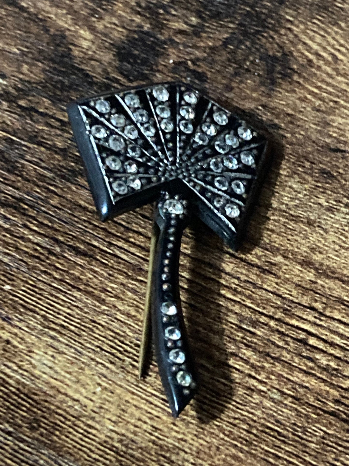 True Art Deco flash pin diamante paste rhinestone set black bakelite hat hairpin