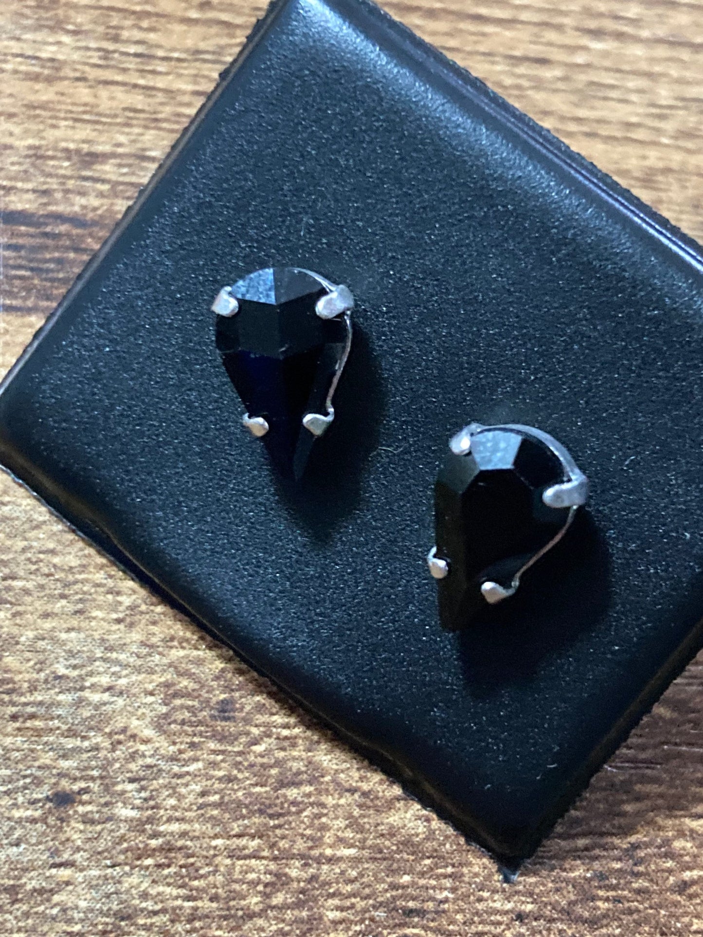 Black glass rhinestone silver plated teardrop crystal earrings pierced 15mm