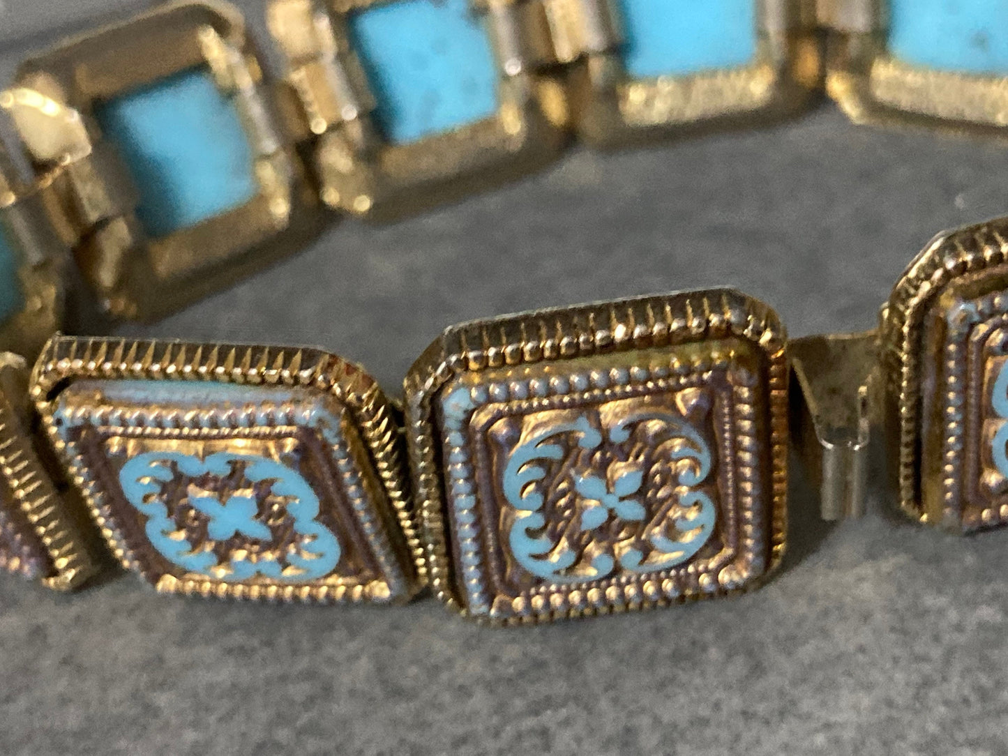 Vintage 1960s 1970s gold tone panel link turquoise glass stones Etruscan style bracelet length 19cm