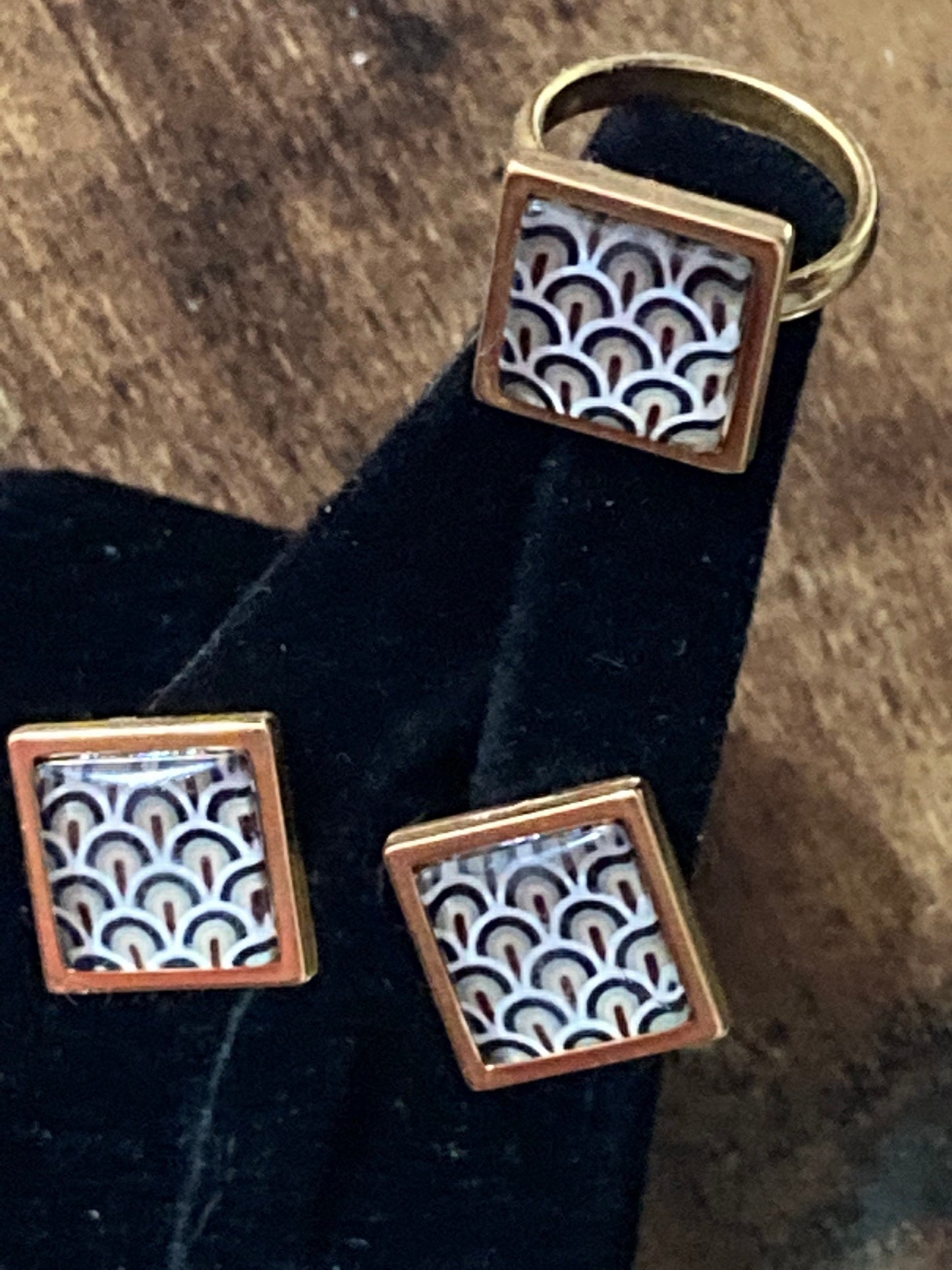 Art Deco style handmade gold tone 14mm square black gold geometric cabochon stud earrings