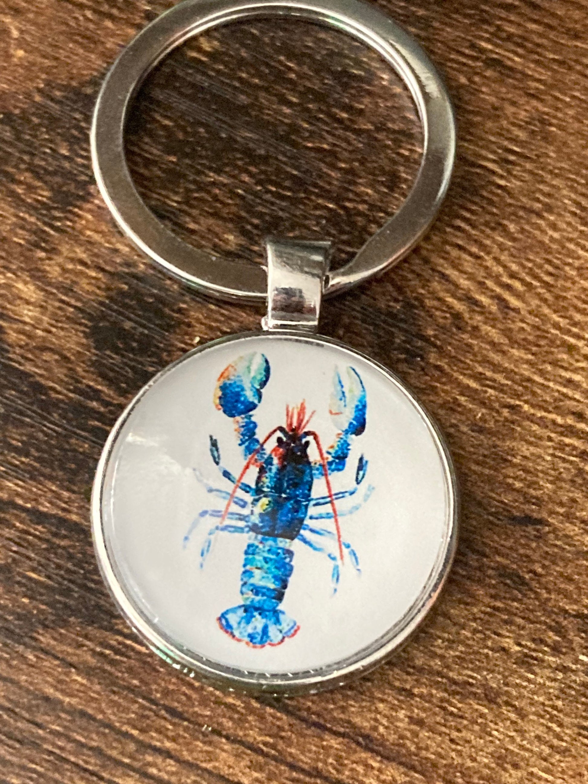 nautical blue lobster silver tone keyring glass cabochon