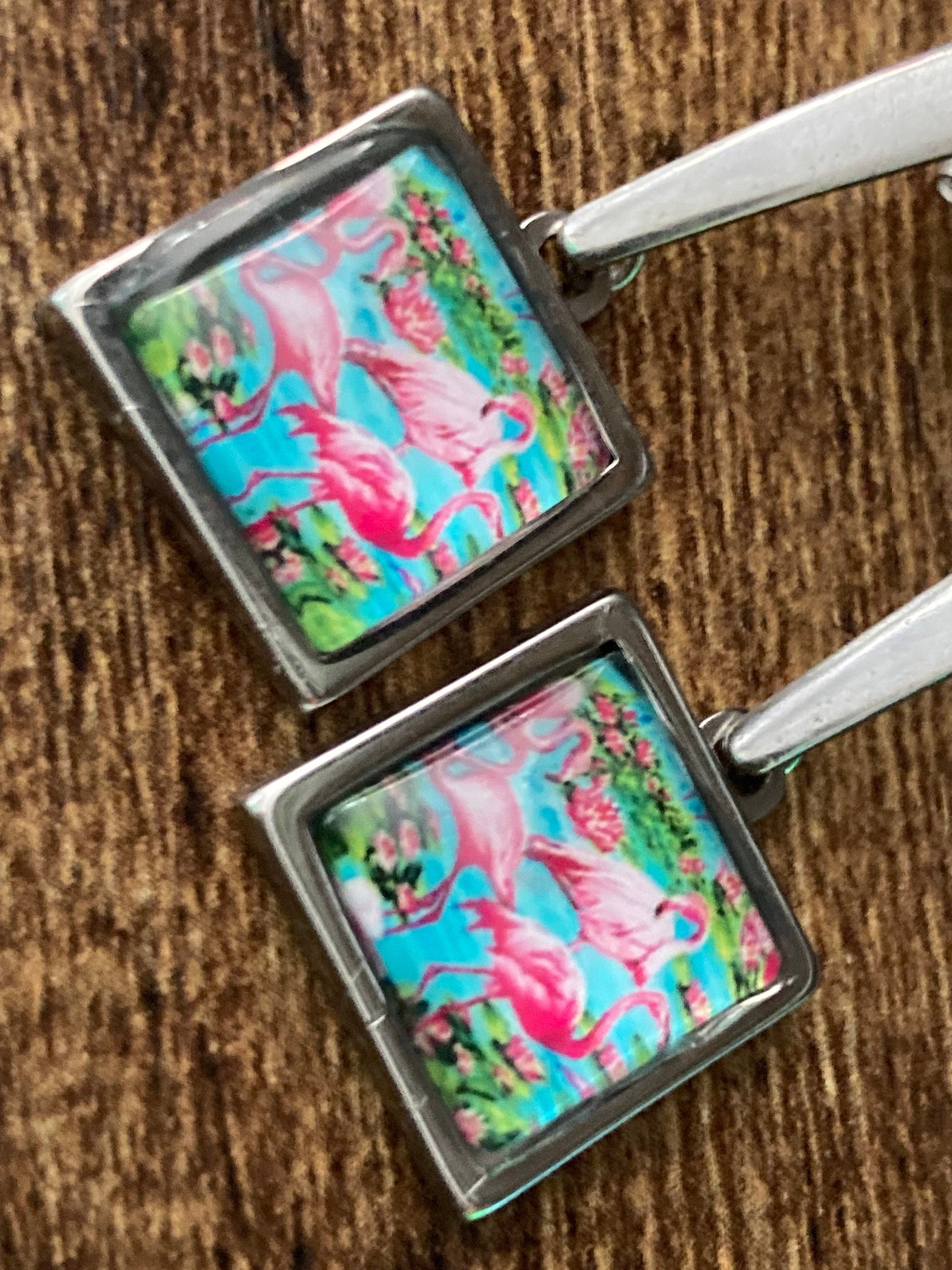 Handmade stainless steel glass flamingo dangly earrings
