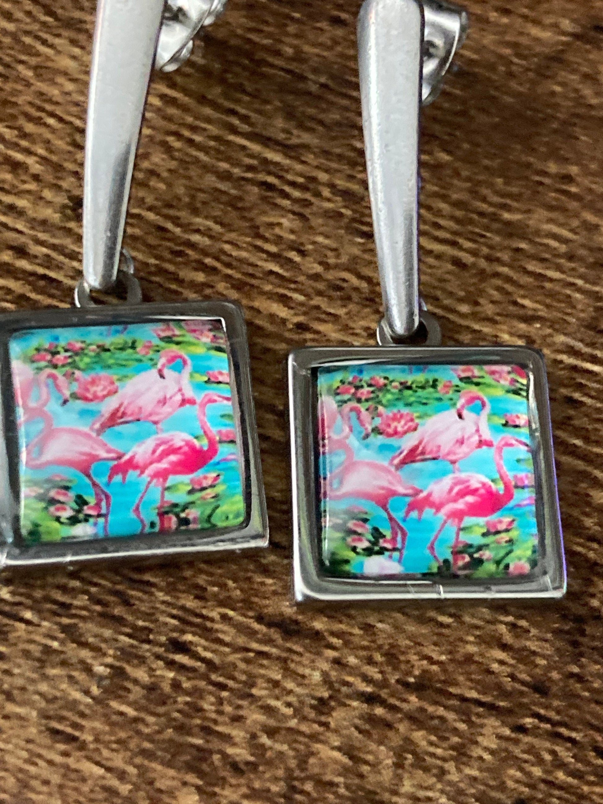 Handmade stainless steel glass flamingo dangly earrings