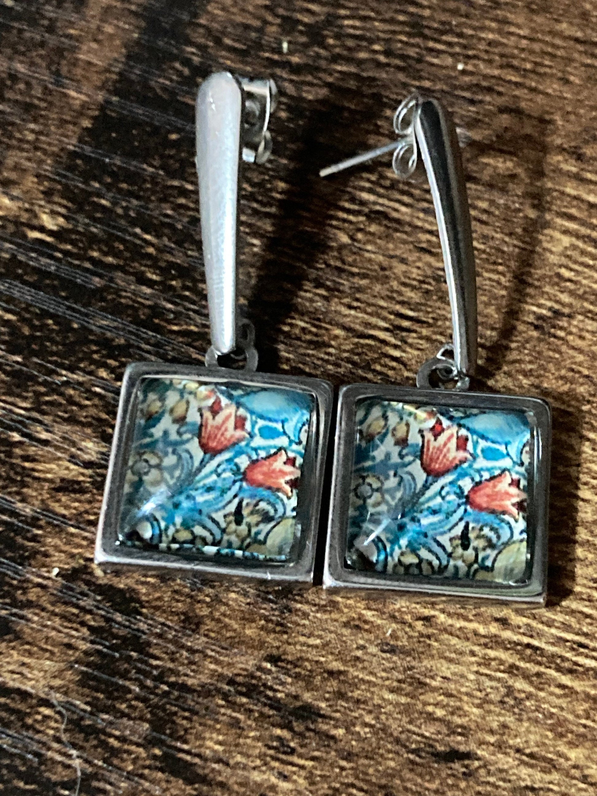 William Morris print earrings square glass cabochon drop silver blue orange tulips