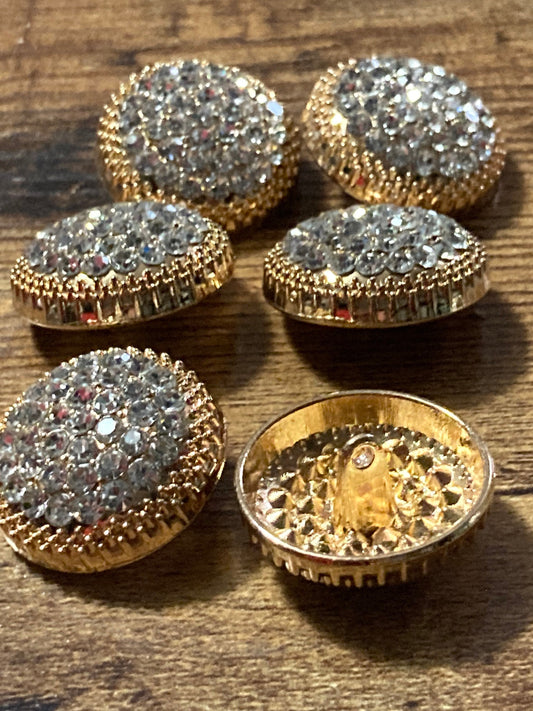 Set of 6 25mm gold tone metal shank round domed glass diamanté buttons for coat