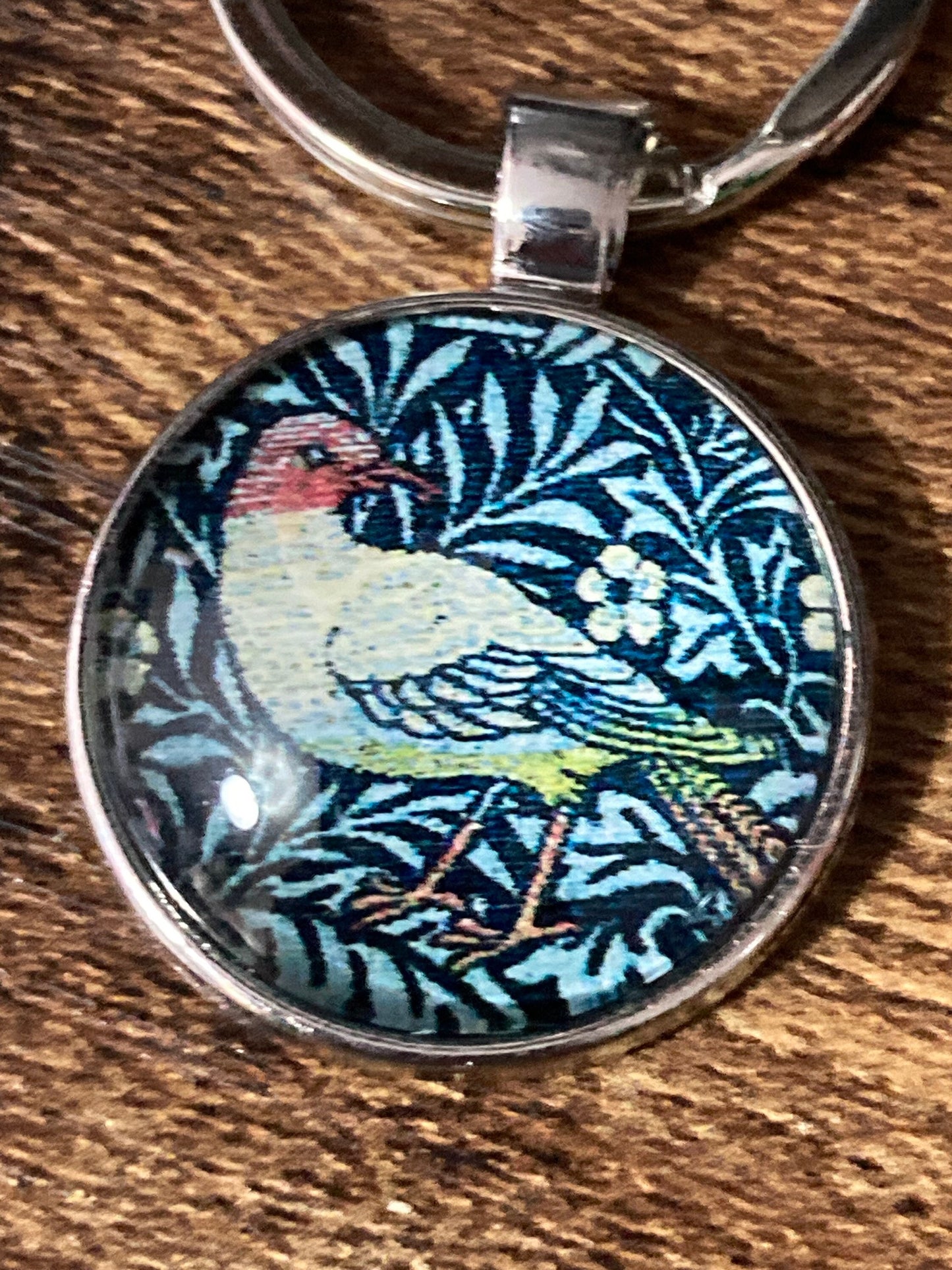 William Morris bird print keyring silver tone art nouveau handmade