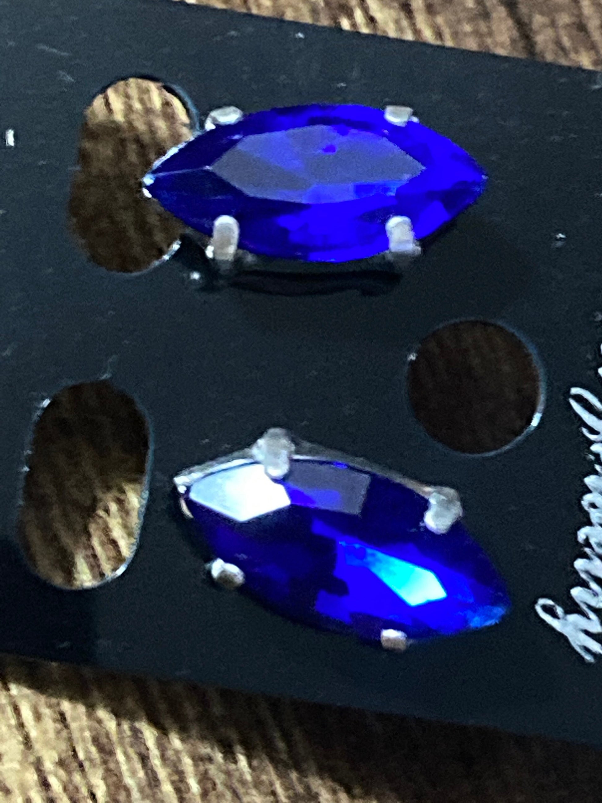 Sapphire Blue glass rhinestone silver plated navette crystal earrings pierced 15mm