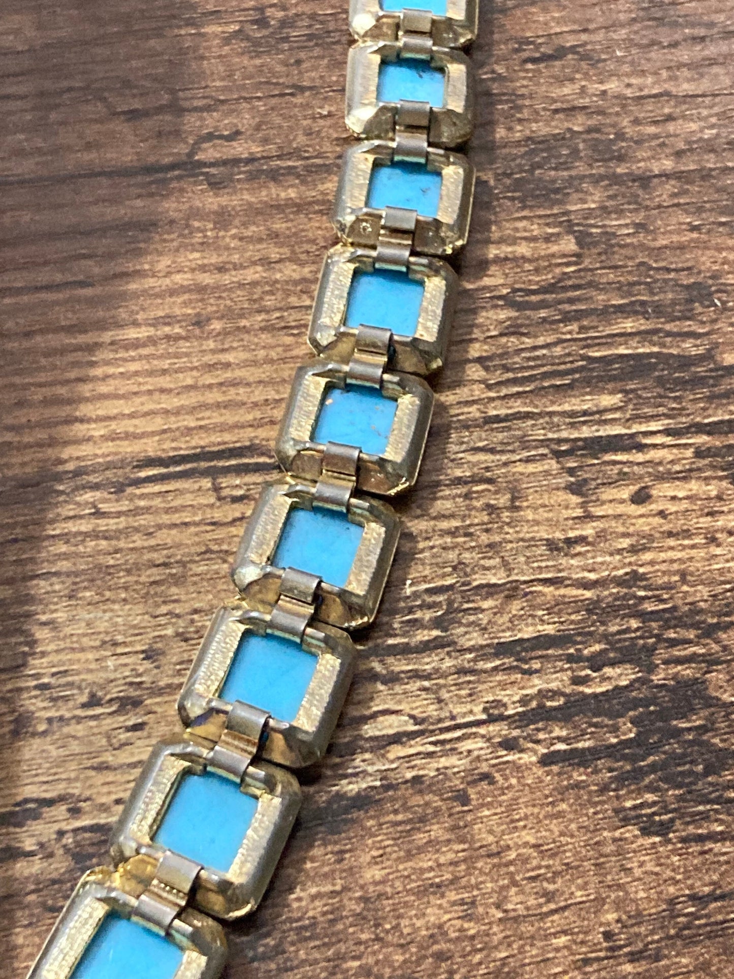 Vintage 1960s 1970s gold tone panel link turquoise glass stones Etruscan style bracelet length 19cm