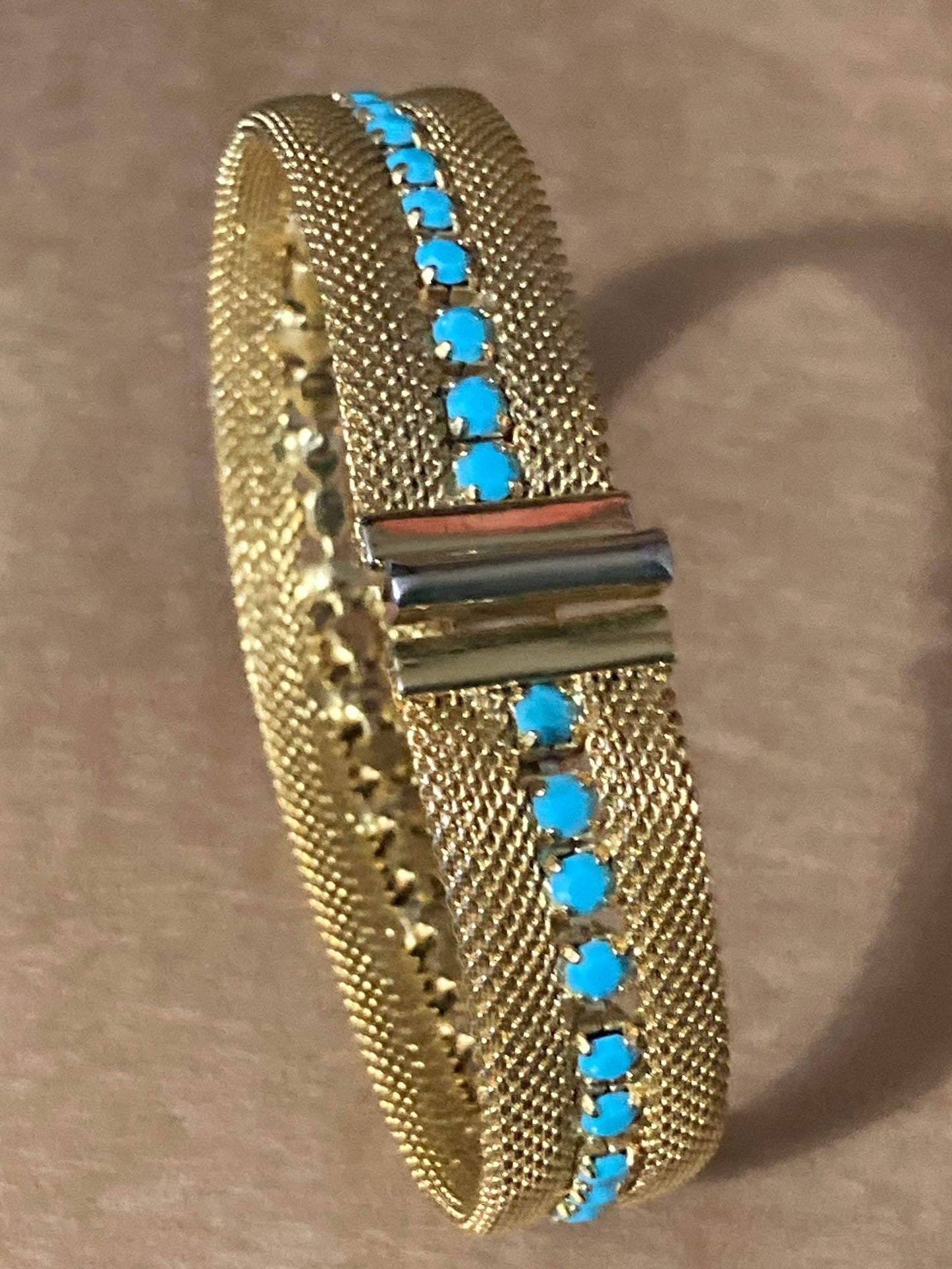 Vintage articulated flat link mesh gold bracelet with turquoise blue paste 18.5cm x 1.25cm