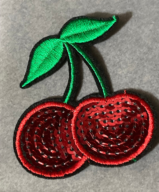 iron on cherry patch 7 x 6cm red green sequins