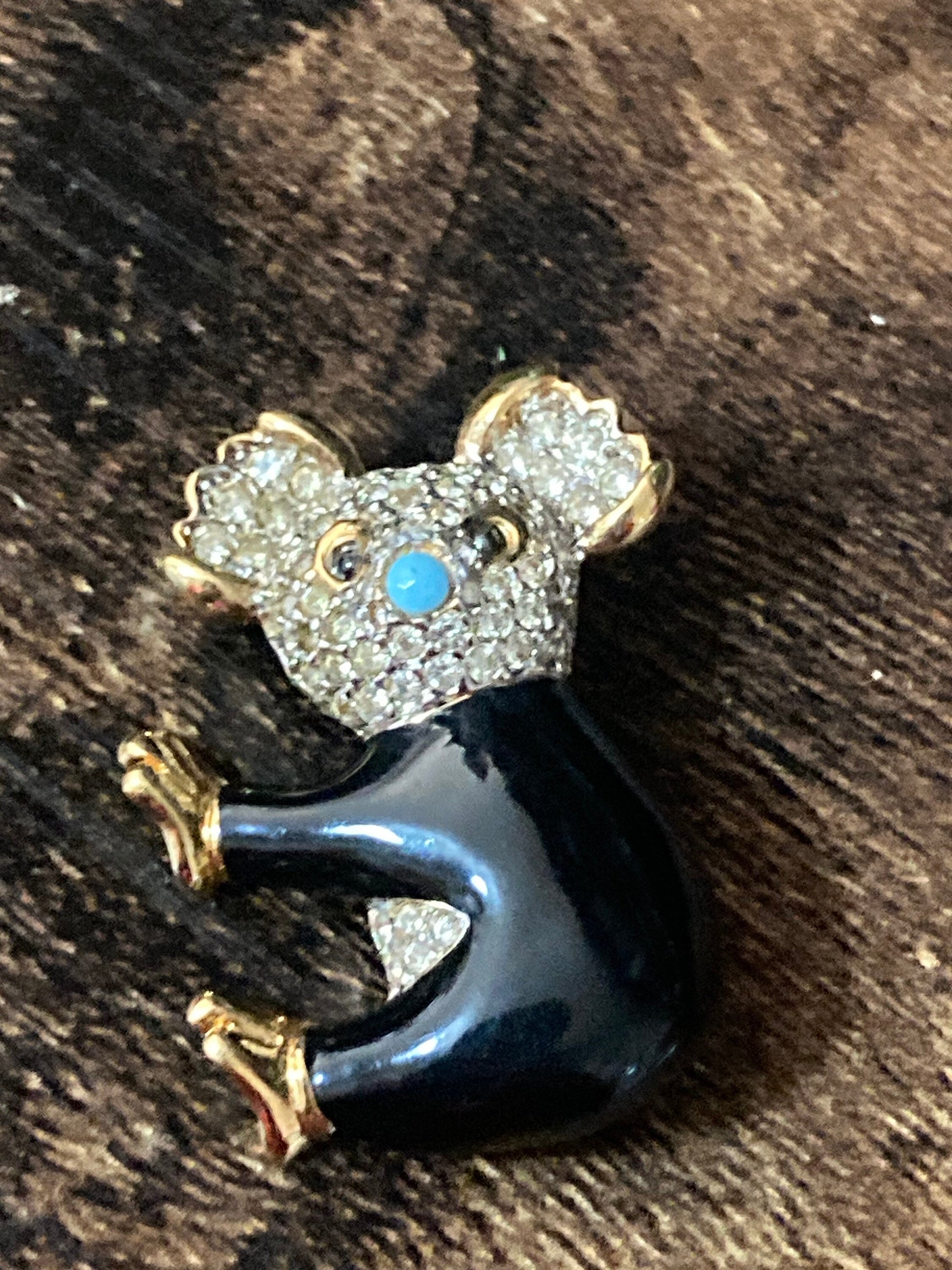 d’orlan signed clear crystal diamanté black enamel gold tone koala brooch
