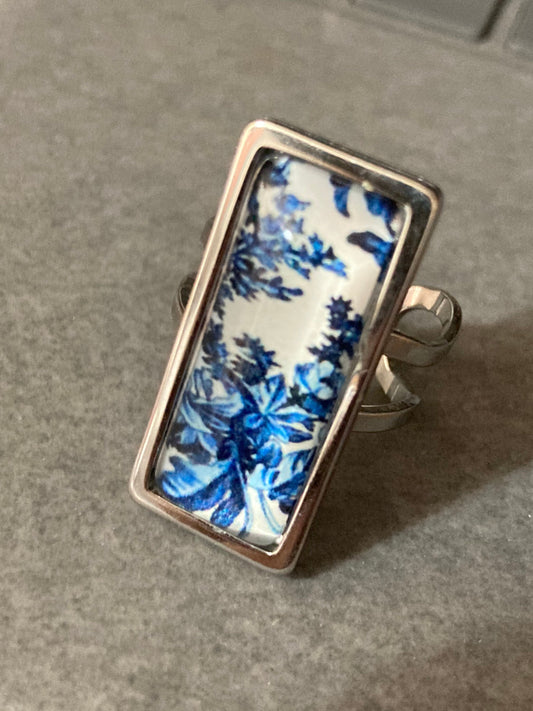Stainless steel blue white floral 3cm rectangular ring adjustable size N O P Q R S