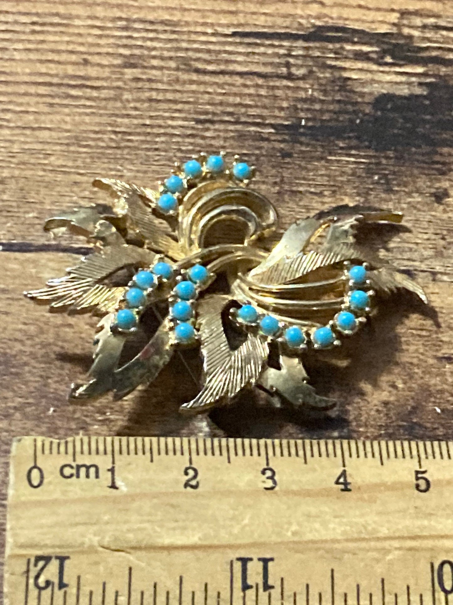 vintage modernist gold tone turquoise beaded abstract floral brooch