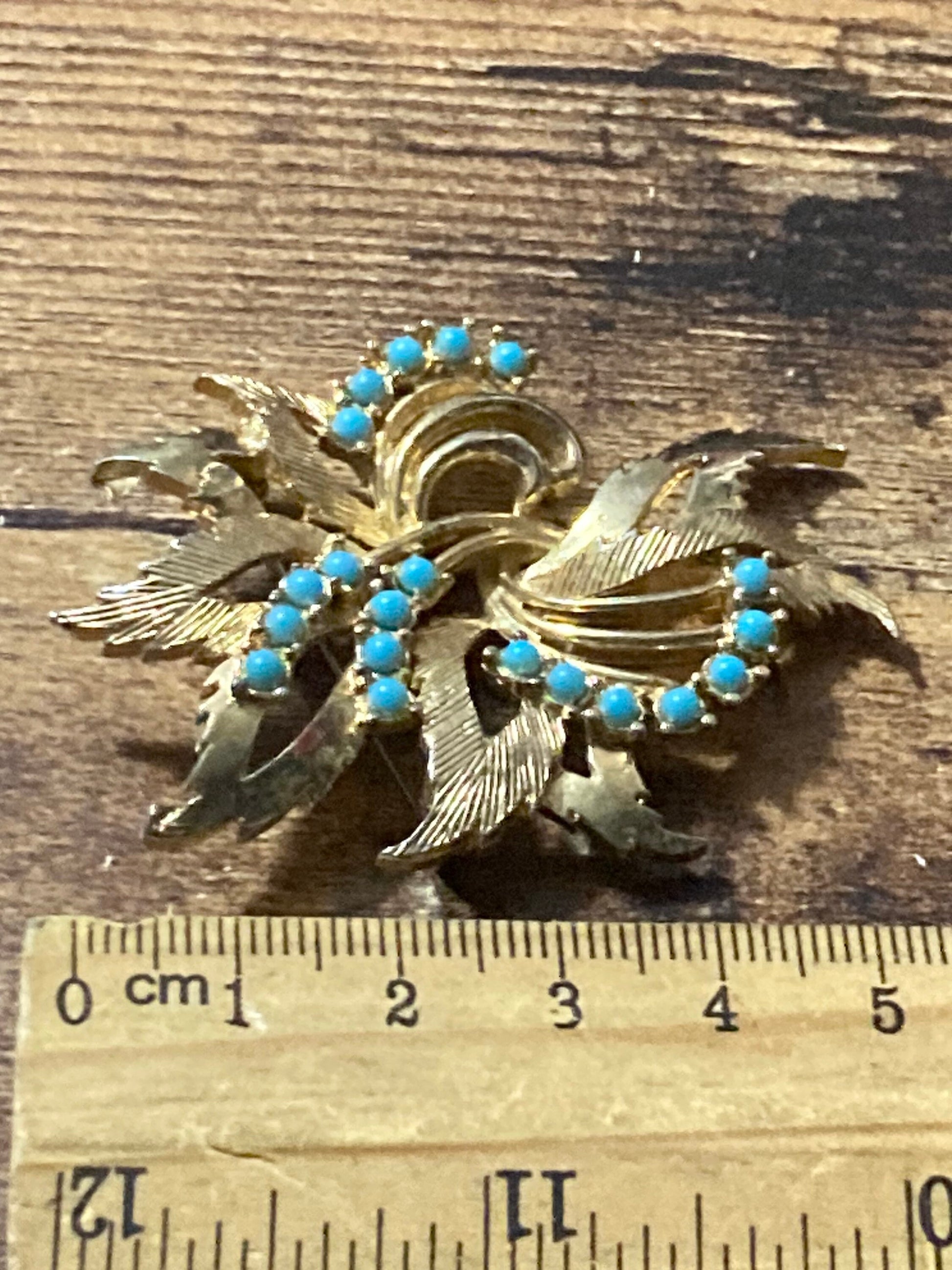 vintage modernist gold tone turquoise beaded abstract floral brooch