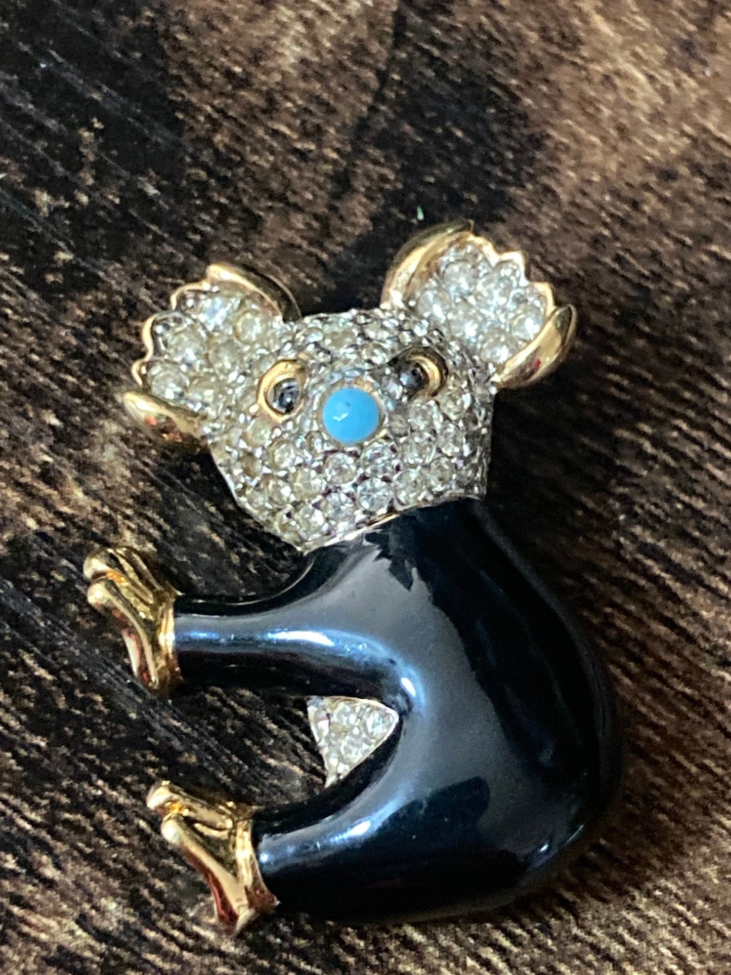 d’orlan signed clear crystal diamanté black enamel gold tone koala brooch