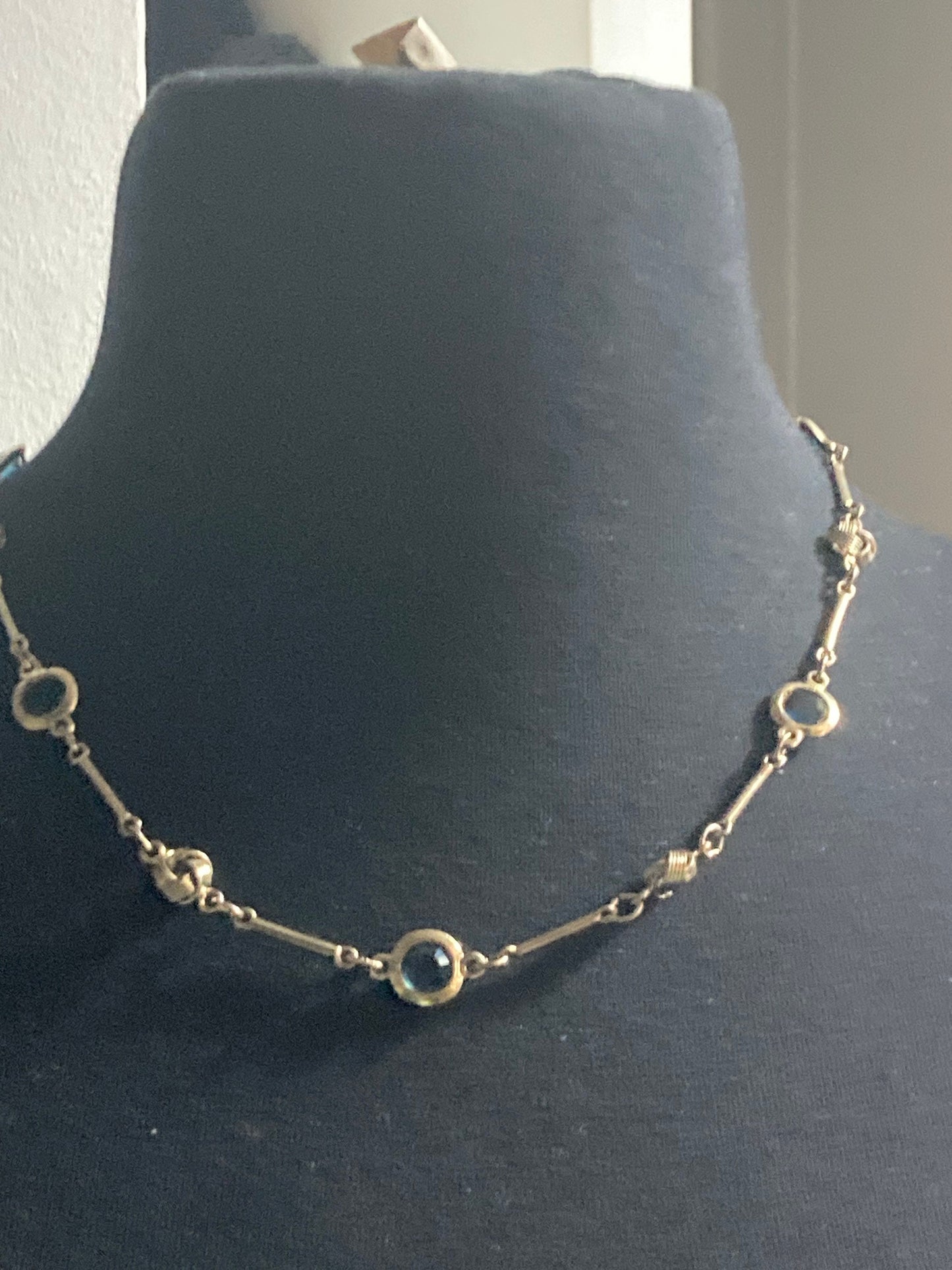 Rivière bezel set blue glass vintage gold tone chain link knot necklace 54cm