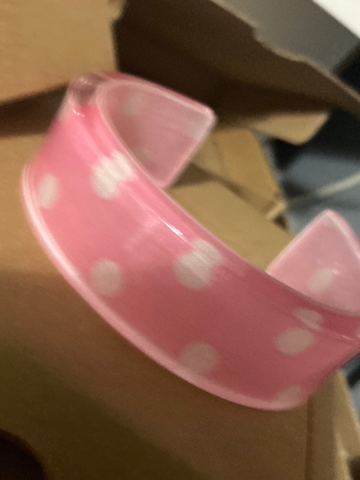Pink polka dot acrylic plastic resin wide cuff bangle bracelet